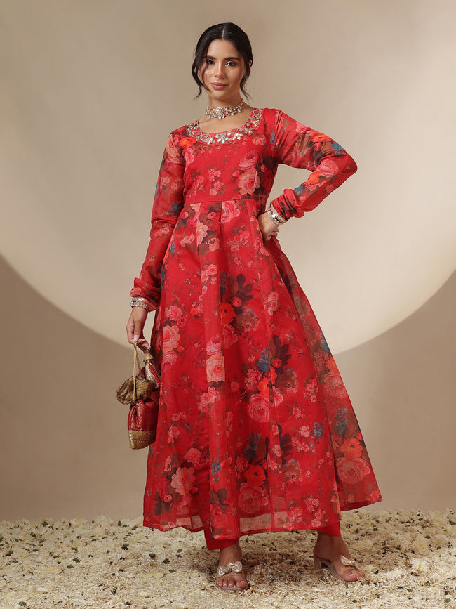 Women Red Floral Round Neck Anarkali Maxi Kurta