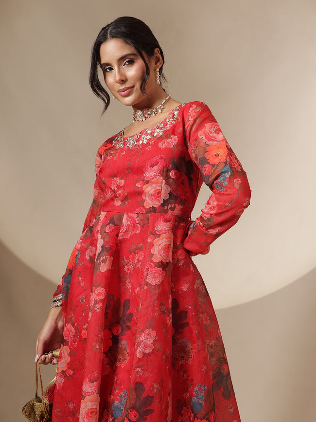 Women Red Floral Round Neck Anarkali Maxi Kurta