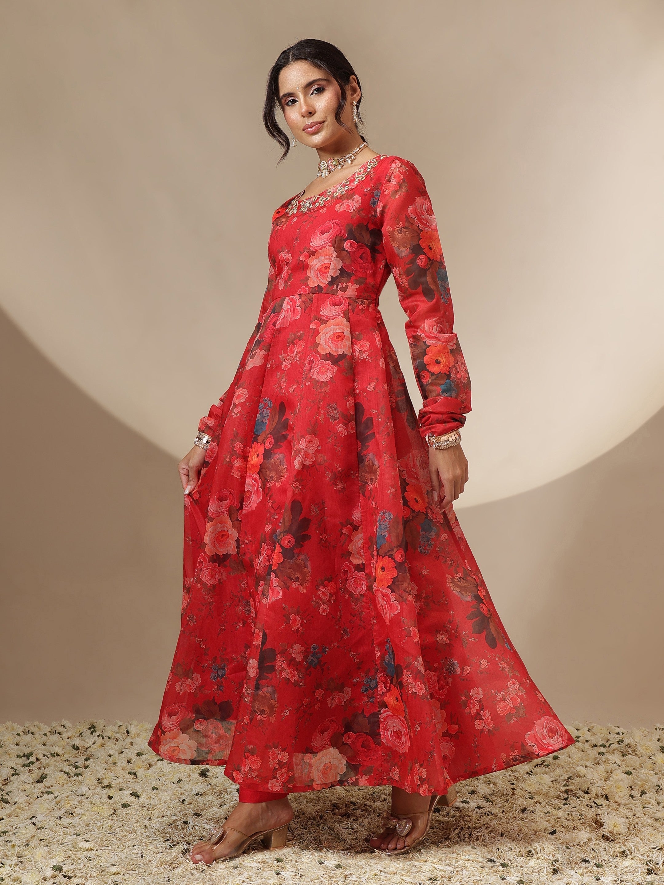 Women Red Floral Round Neck Anarkali Maxi Kurta