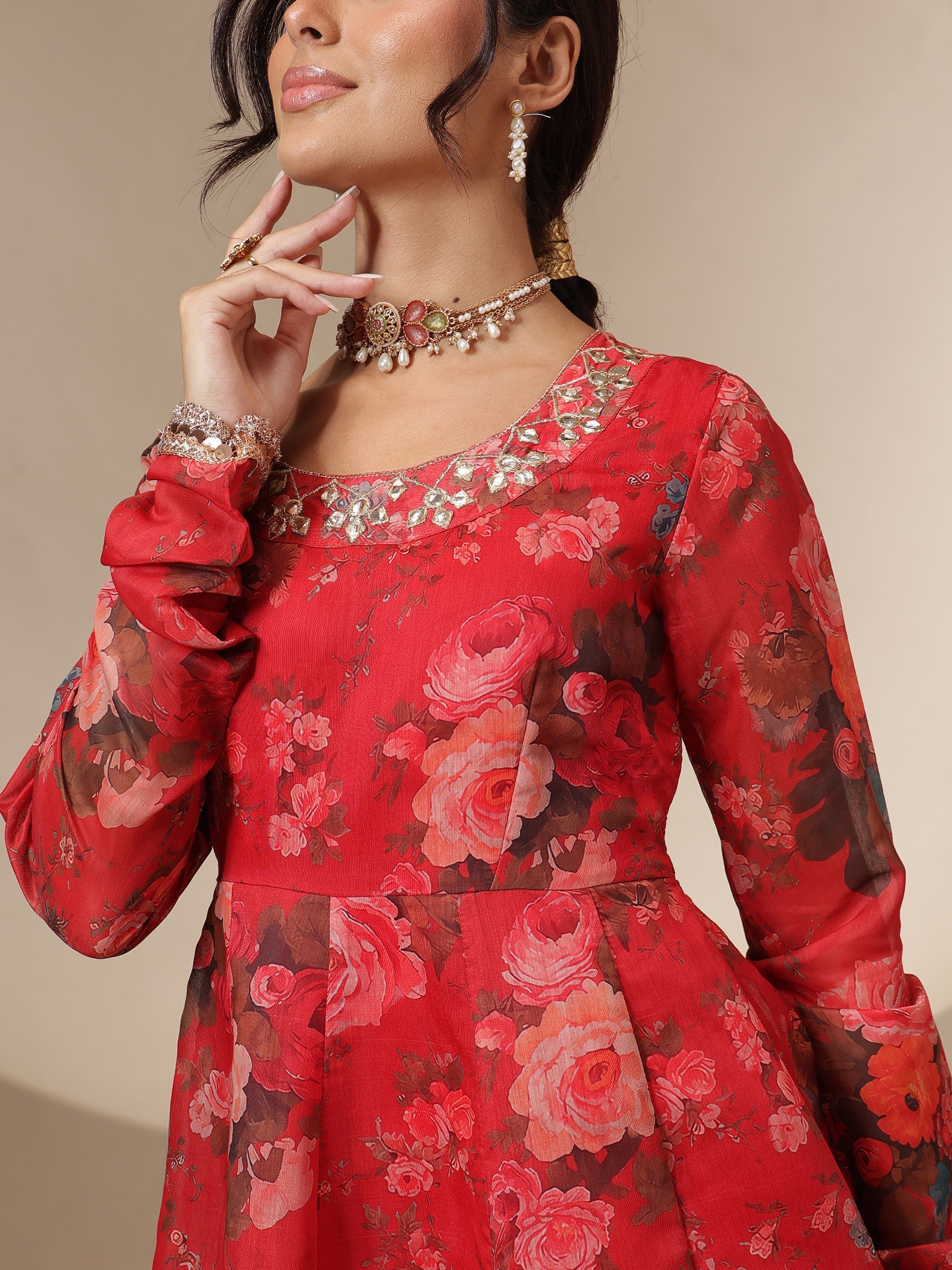 Women Red Floral Round Neck Anarkali Maxi Kurta