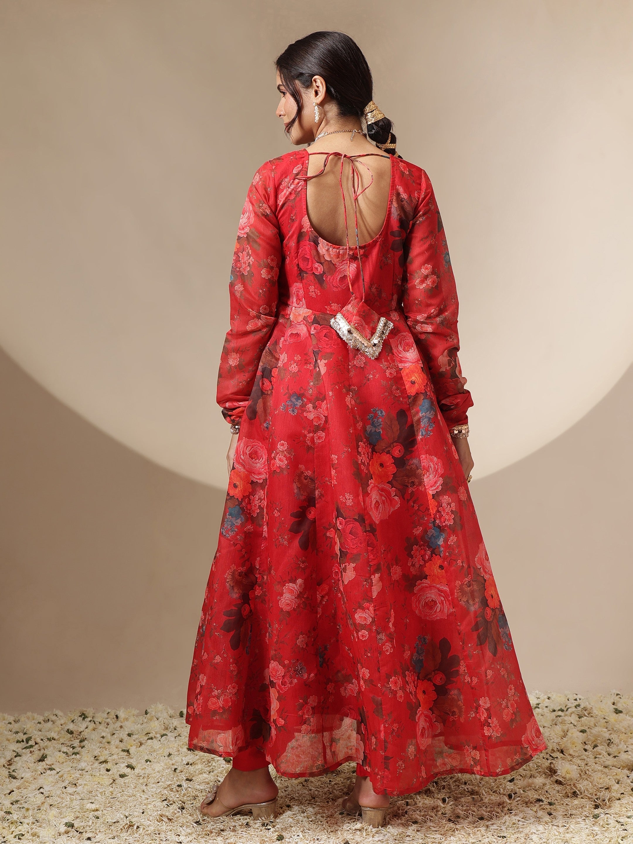 Women Red Floral Round Neck Anarkali Maxi Kurta