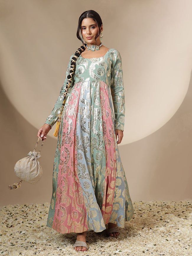 Women Blue Multi Colour Round Neck Anarkali Kurta