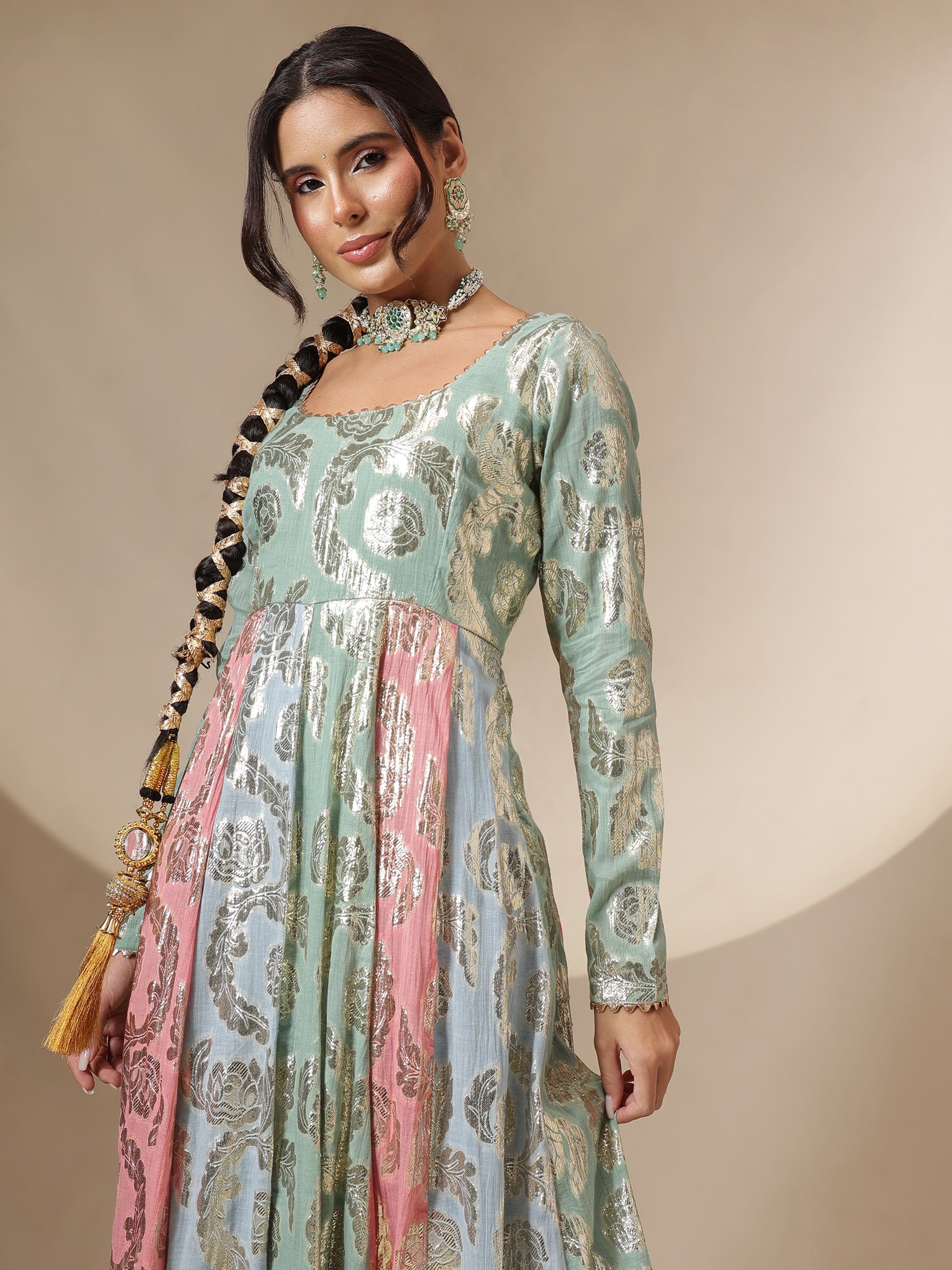 Women Blue Multi Colour Round Neck Anarkali Kurta