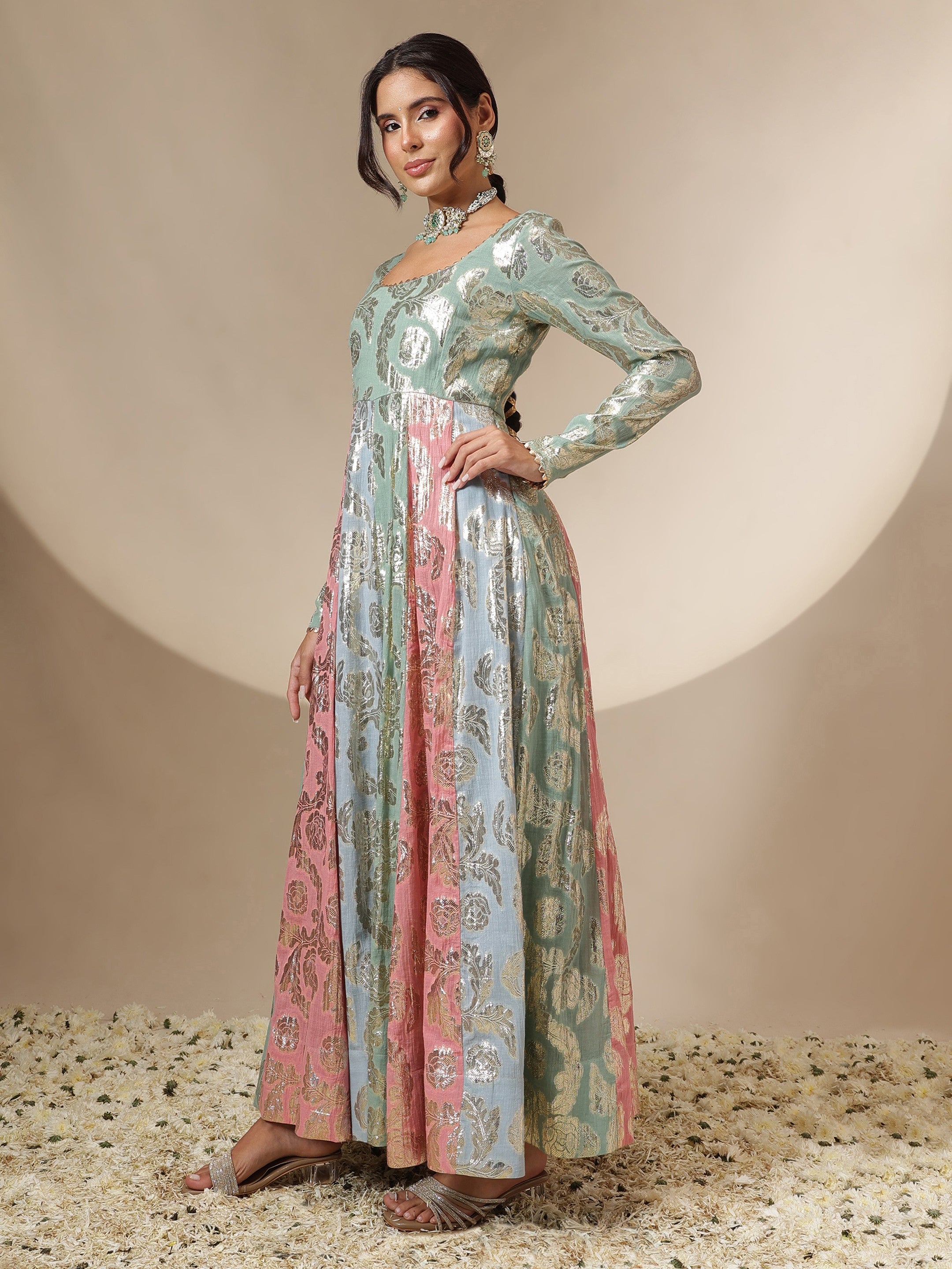 Women Blue Multi Colour Round Neck Anarkali Kurta