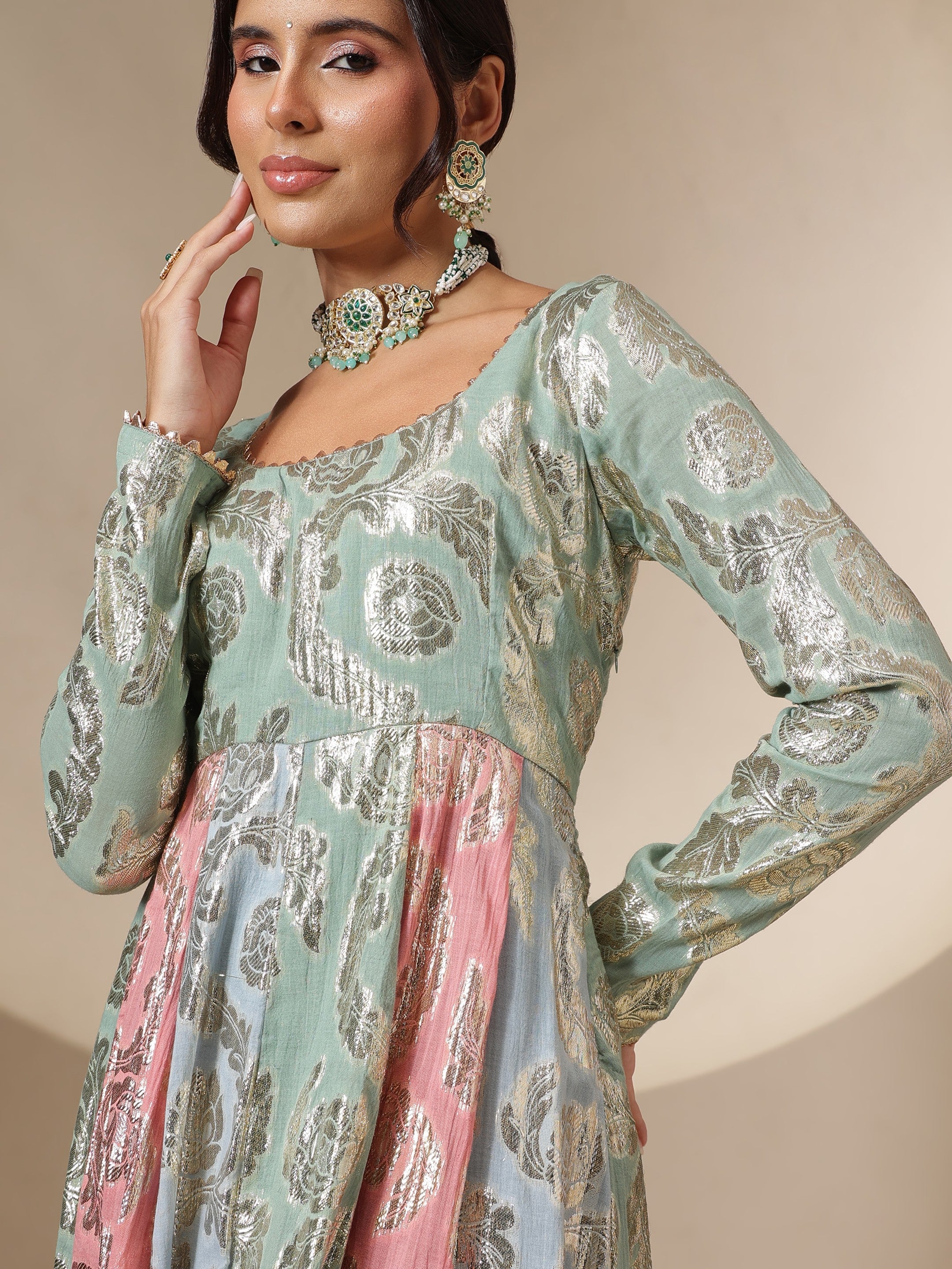 Women Blue Multi Colour Round Neck Anarkali Kurta