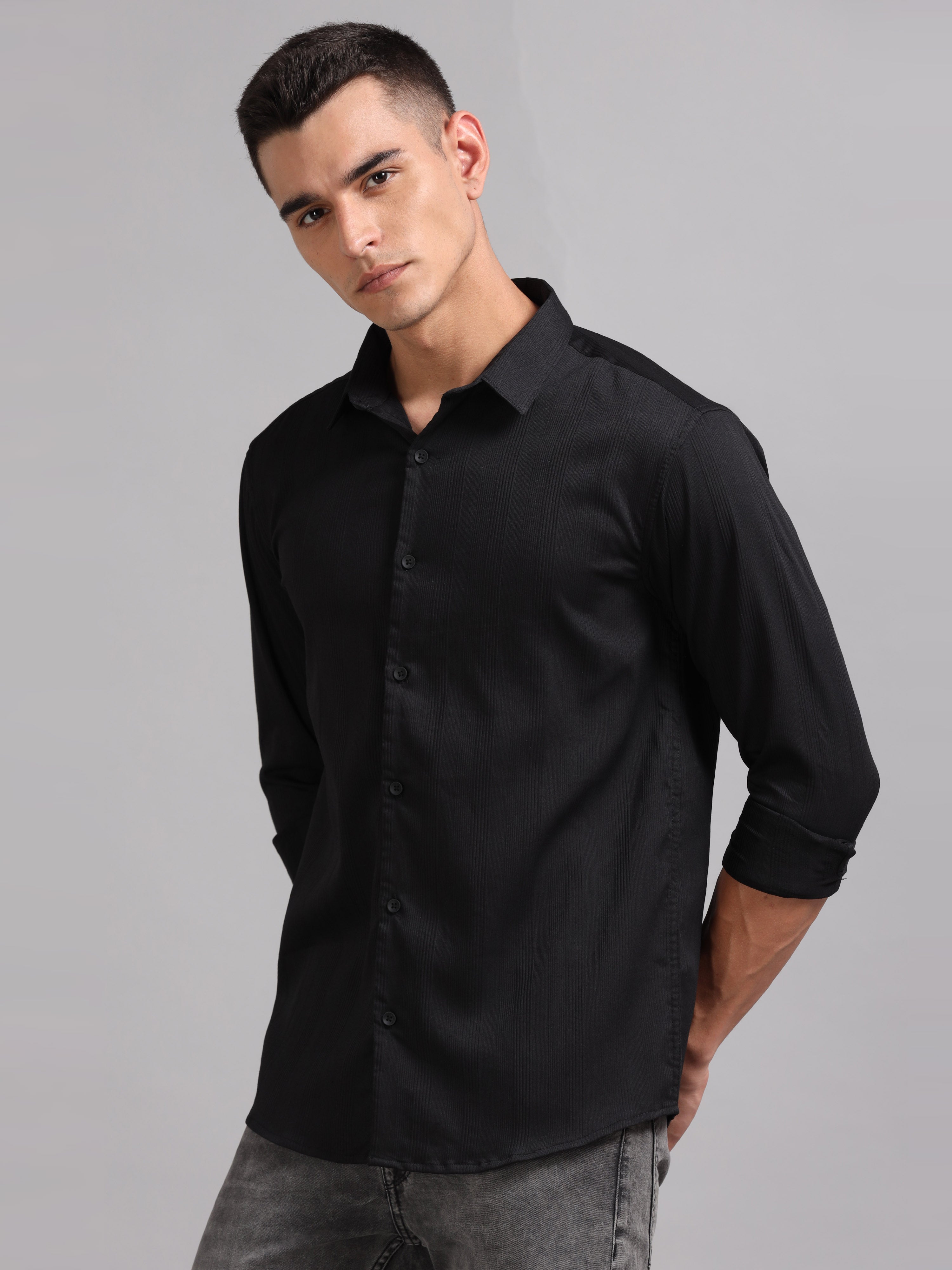 Men Cordura Solid Black Shirt