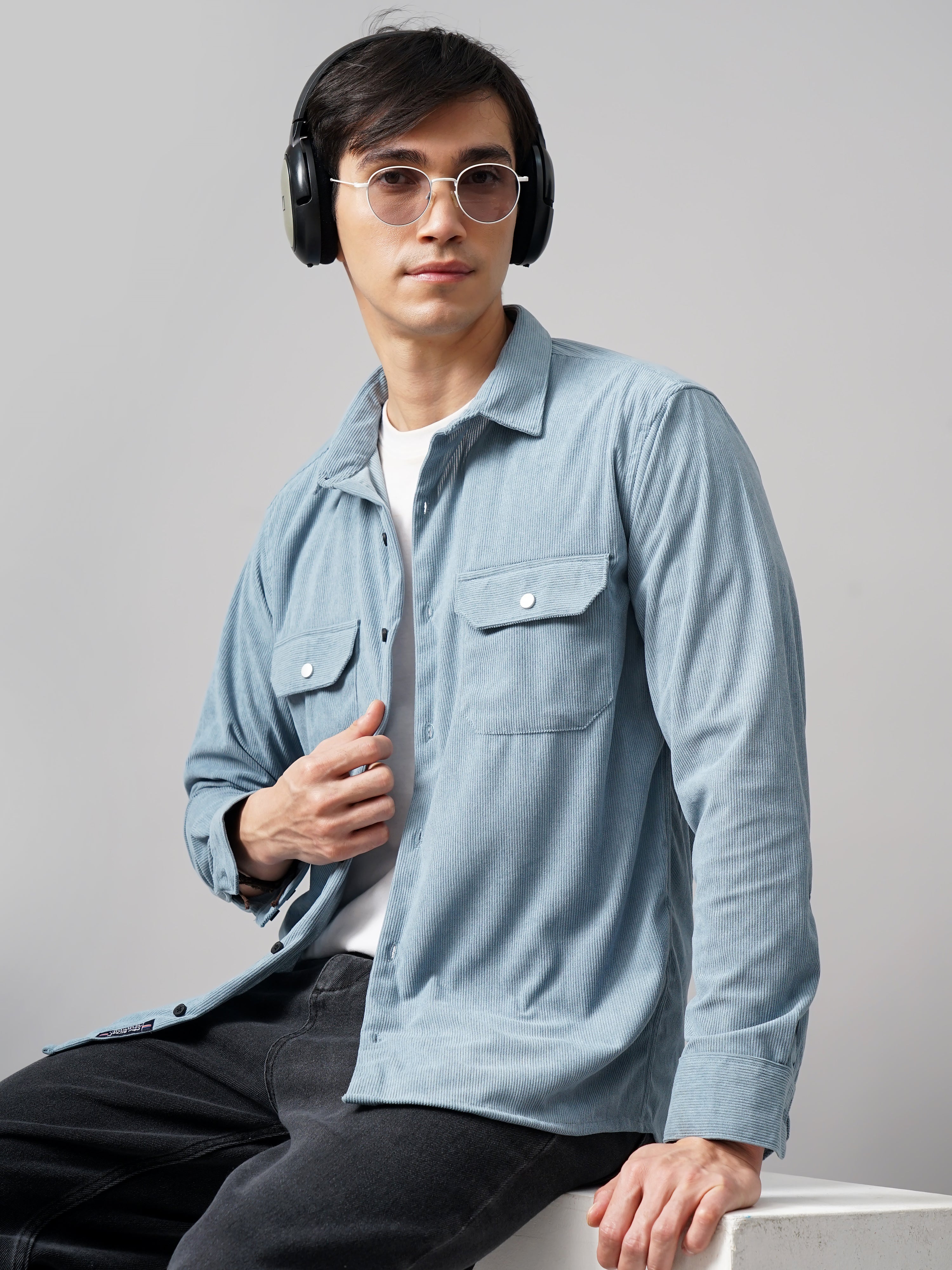 Men Cordtex Double Pocket Blue Shirt