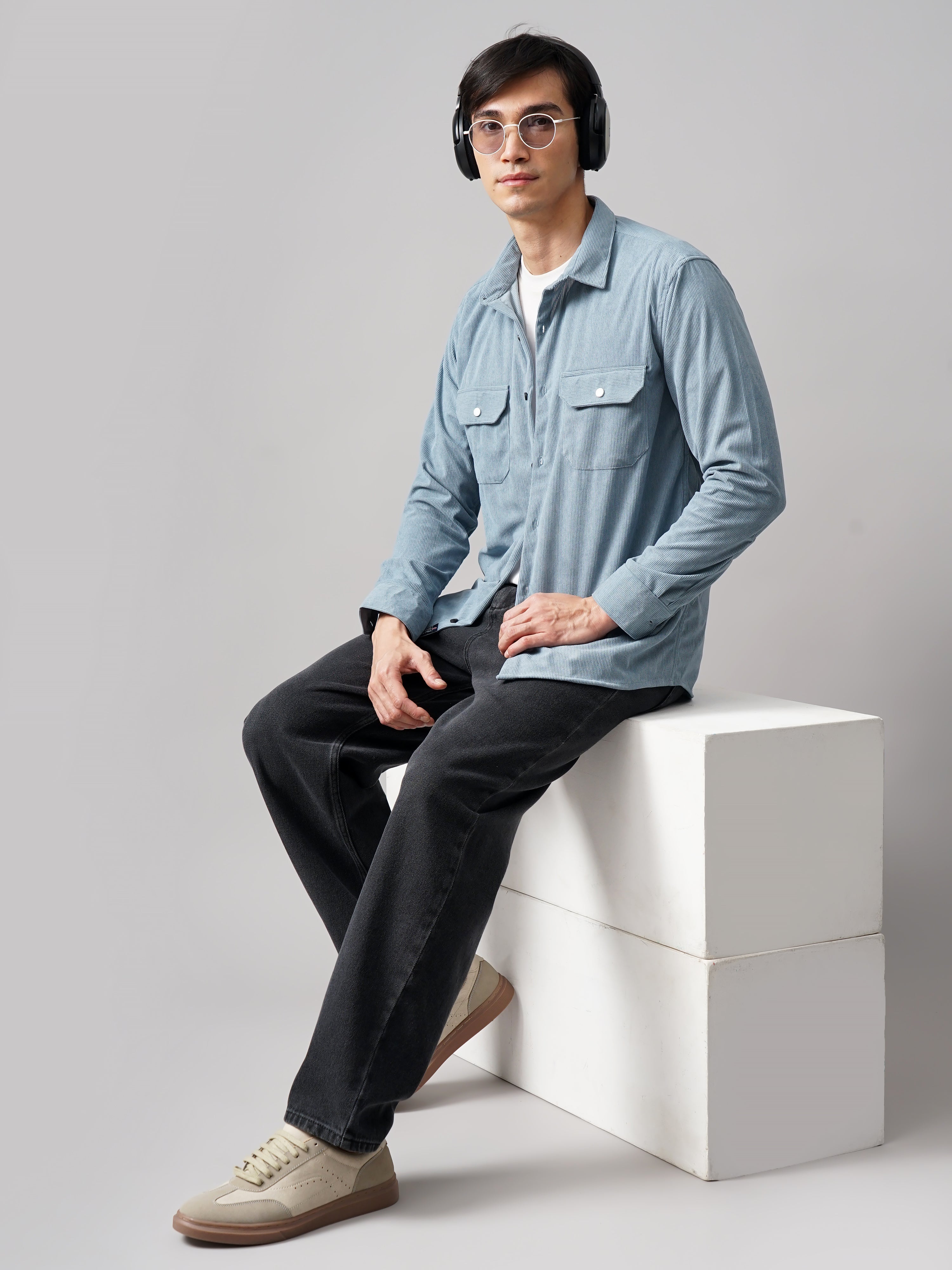 Men Cordtex Double Pocket Blue Shirt