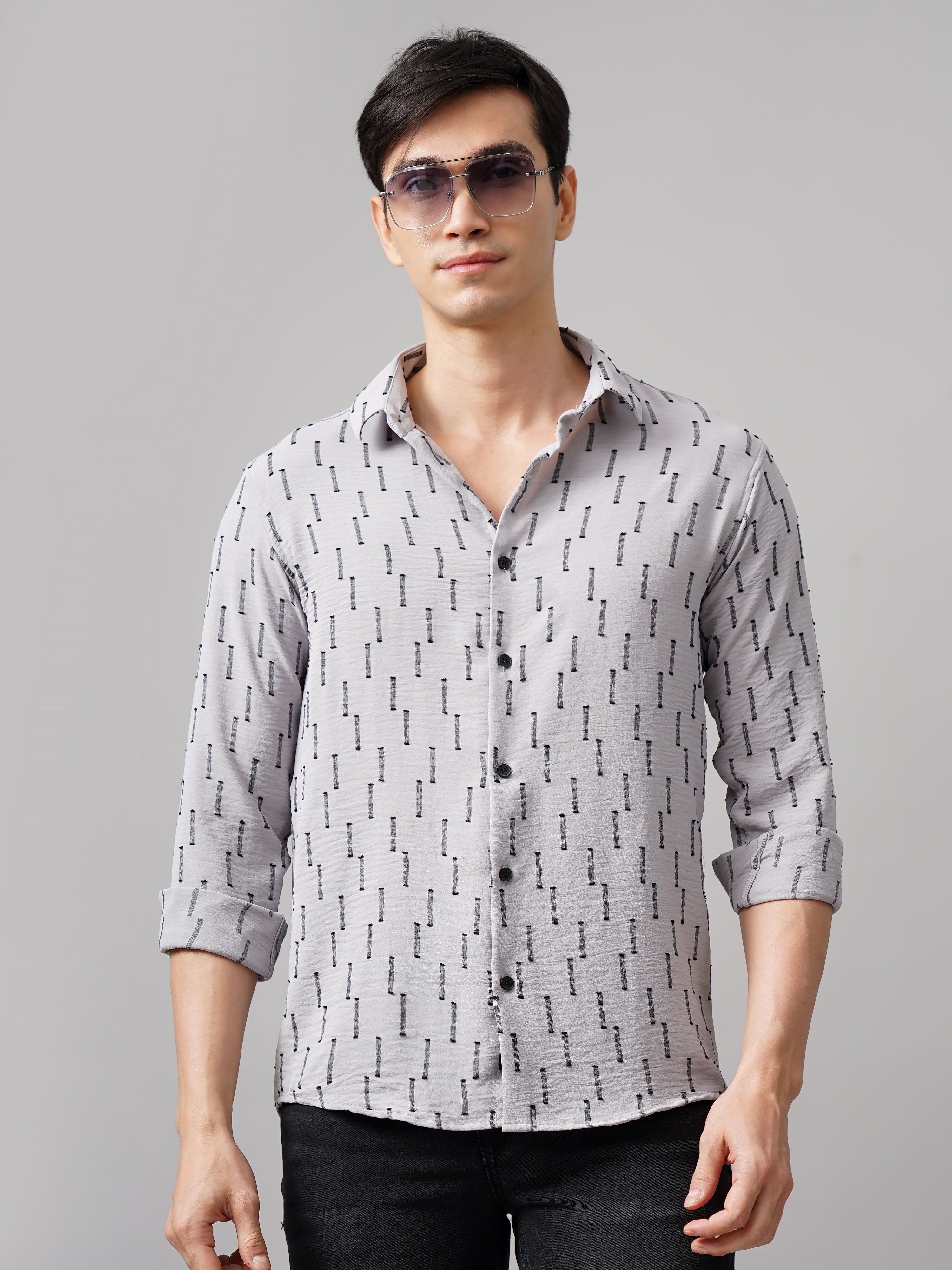 Men Arova Self Design Grey Shirt
