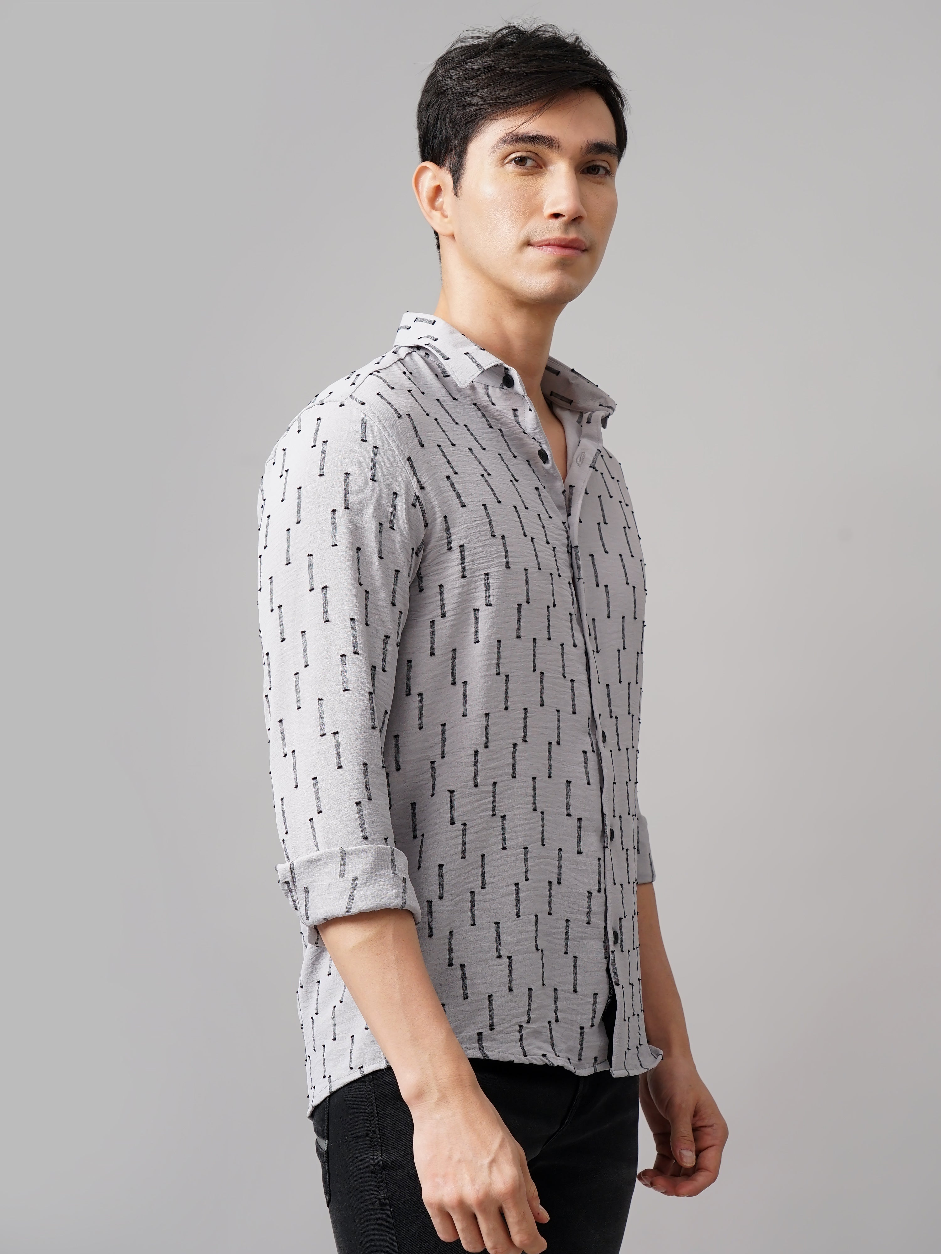 Men Arova Self Design Grey Shirt