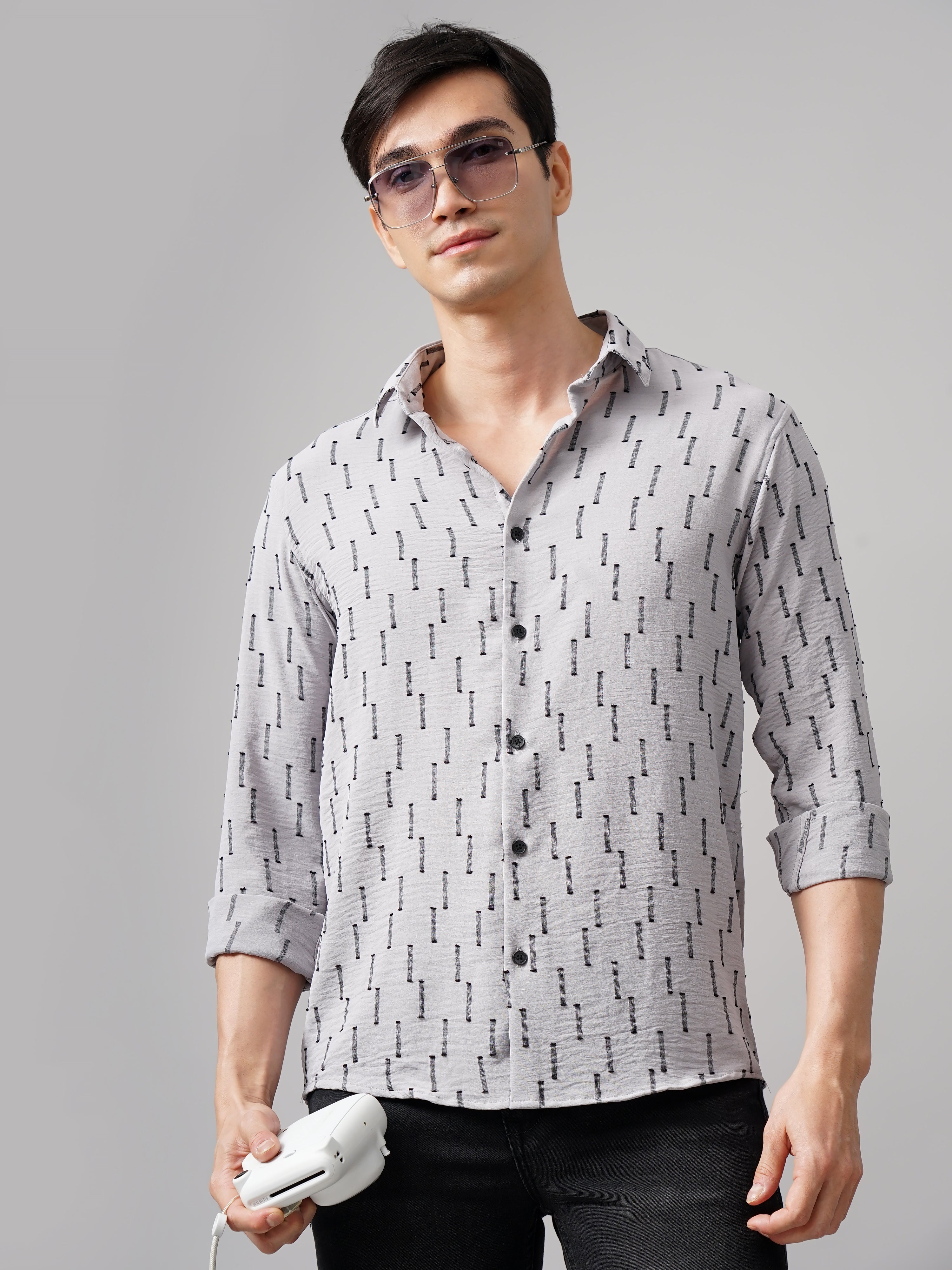 Men Arova Self Design Grey Shirt