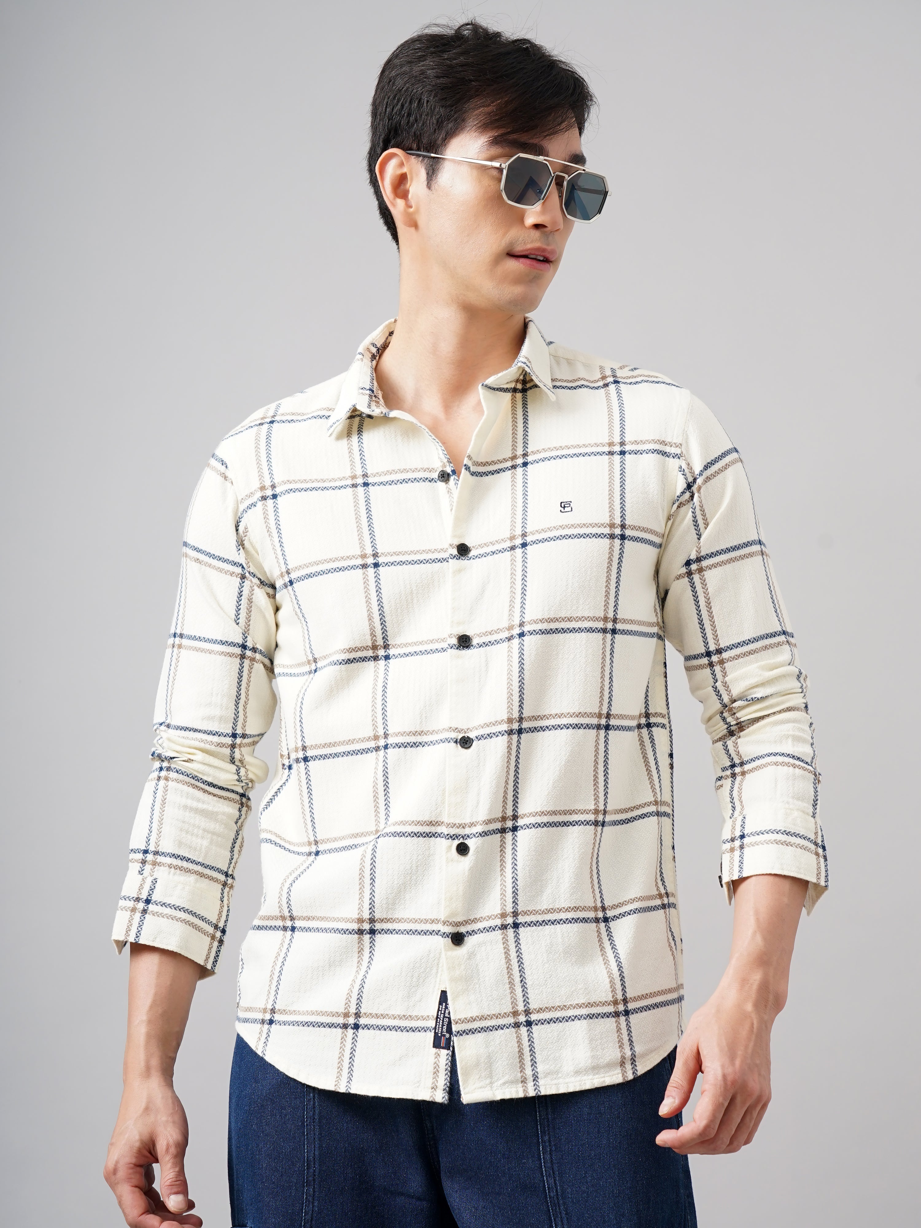 Men Aster Checks Cream Shirt