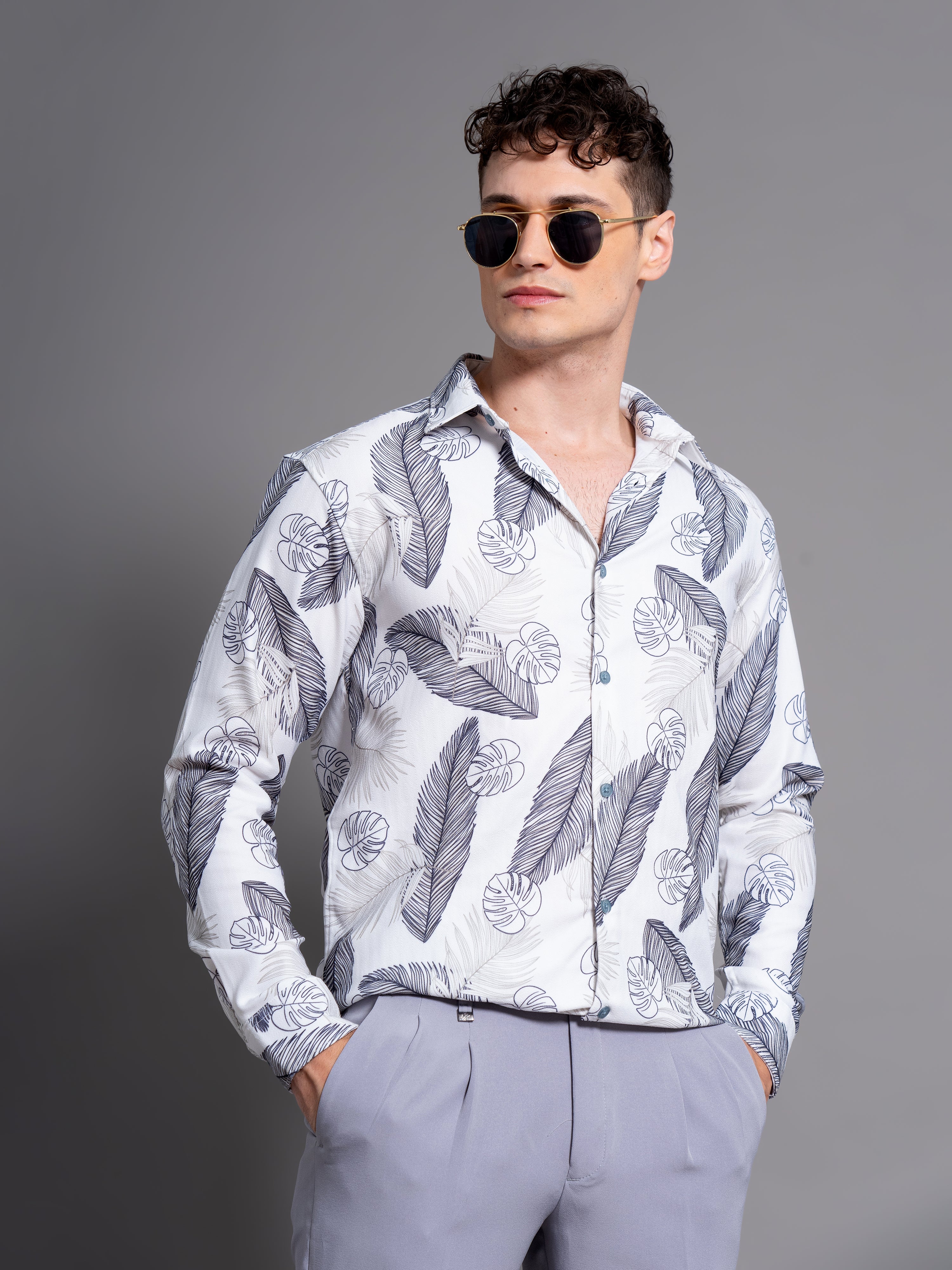 Men Basil White Floral Shirt