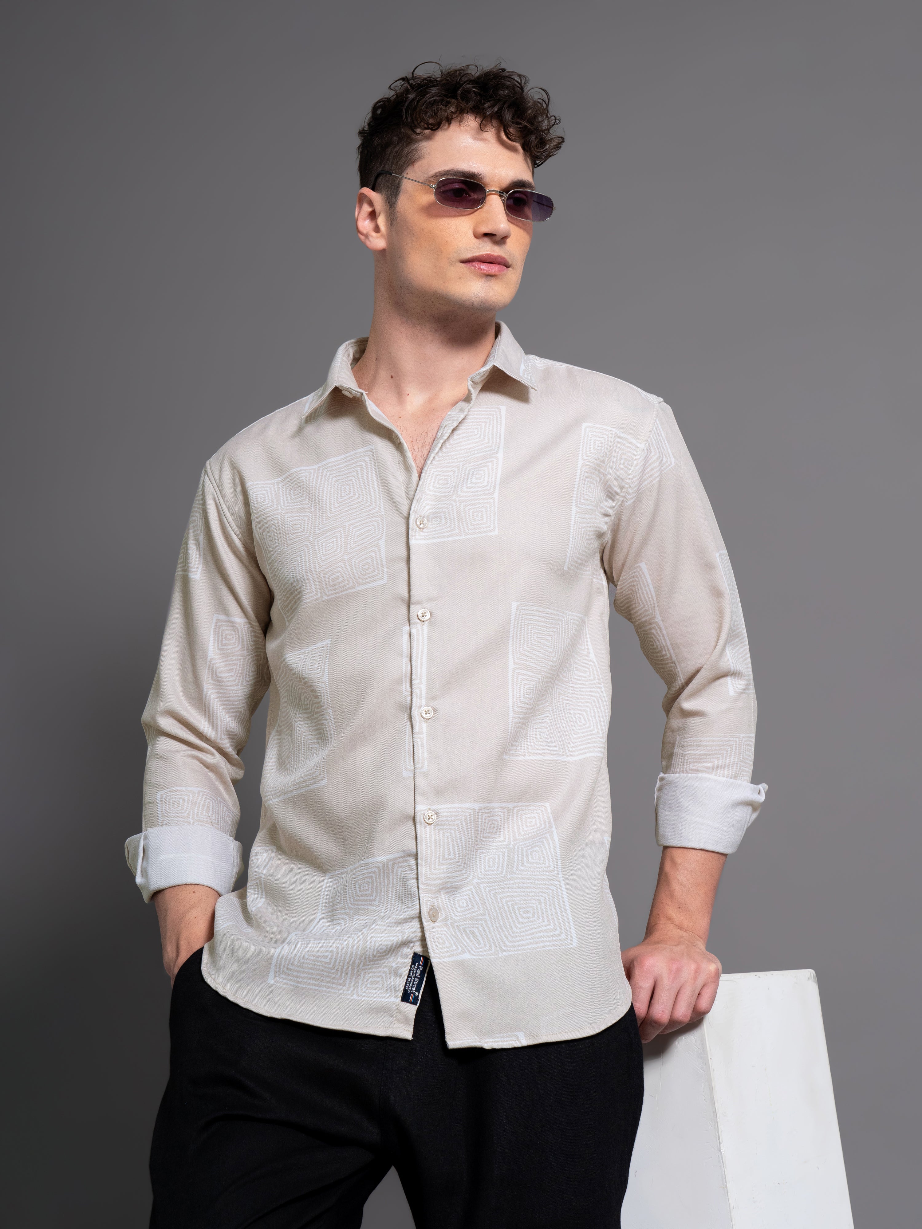 Men Clyde Beige Abstract Shirt