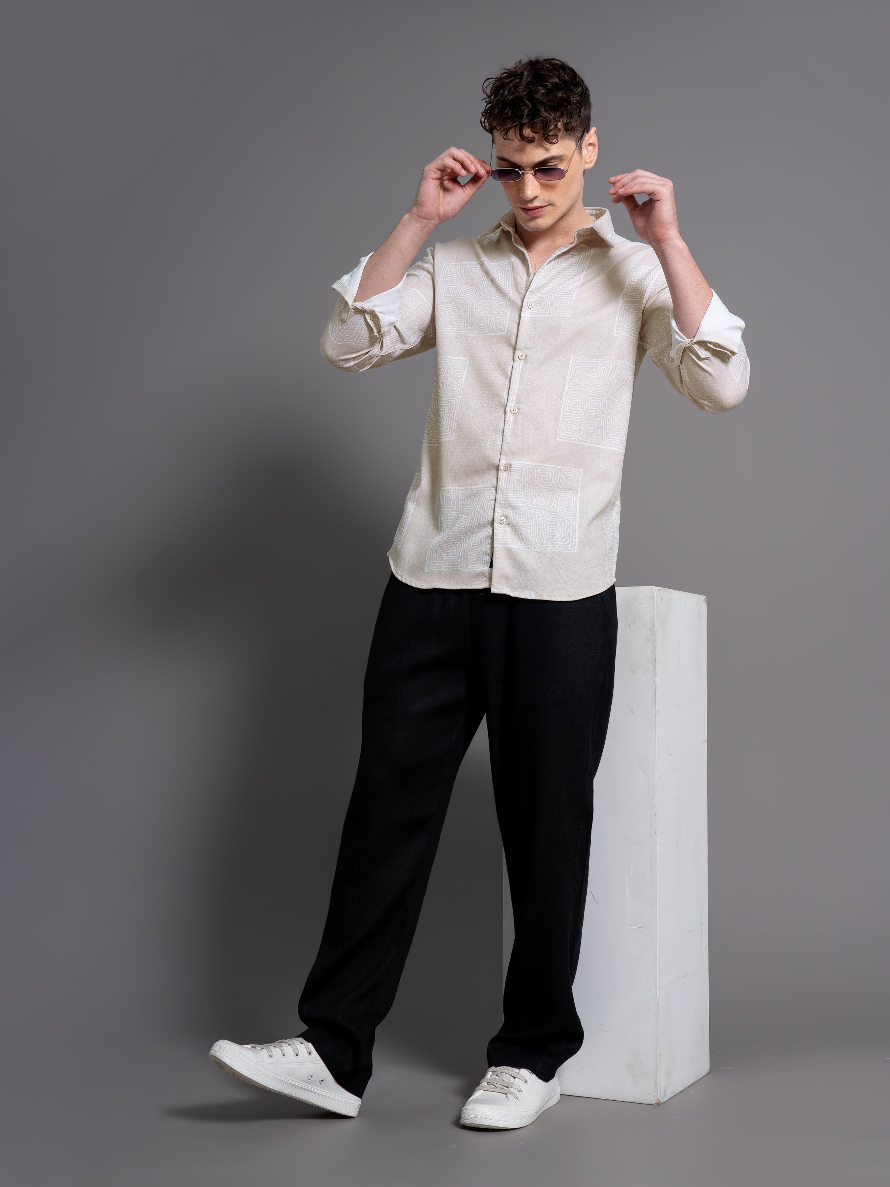 Men Clyde Beige Abstract Shirt
