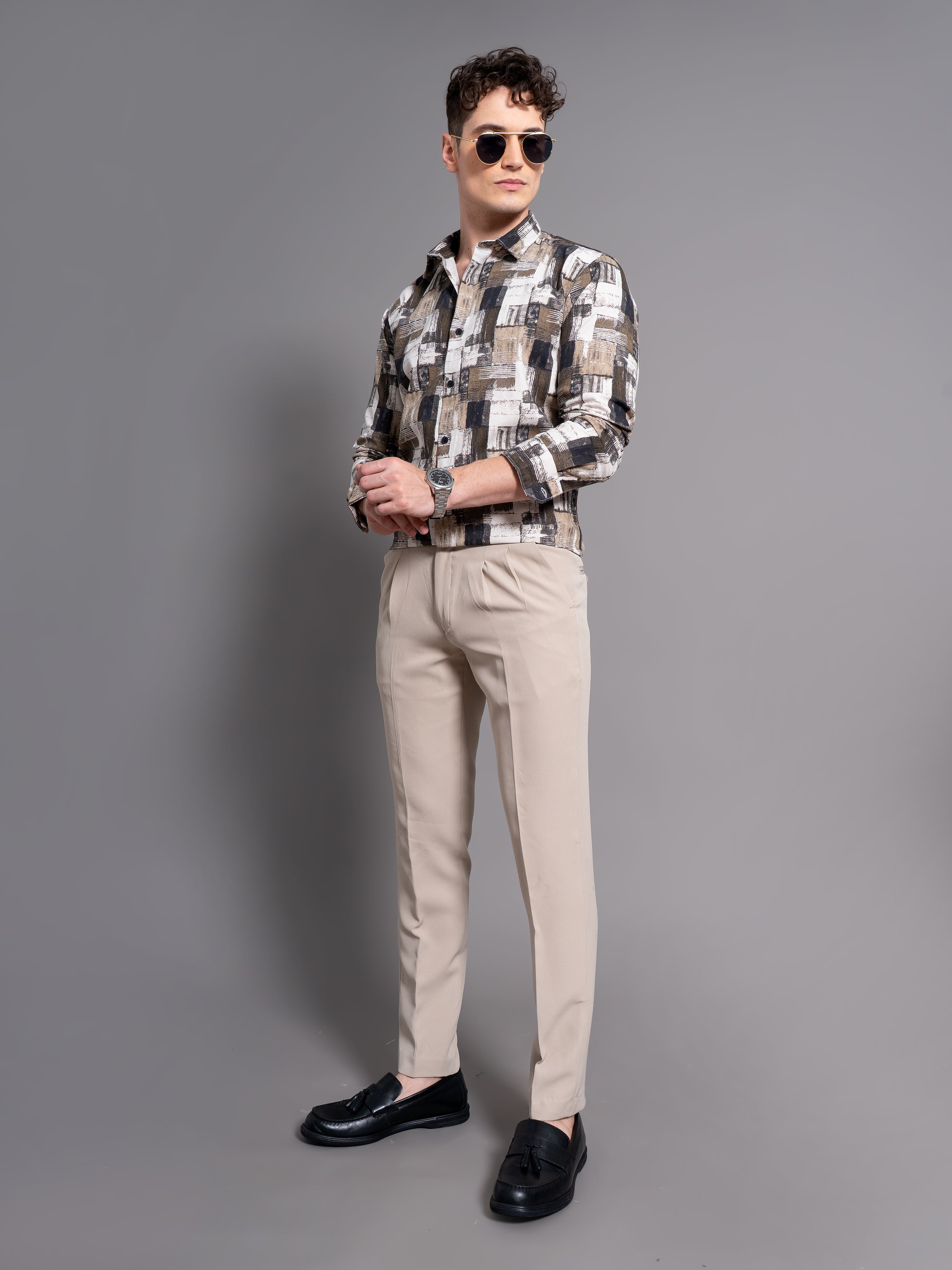 Men Clash Brown Abstract Shirt