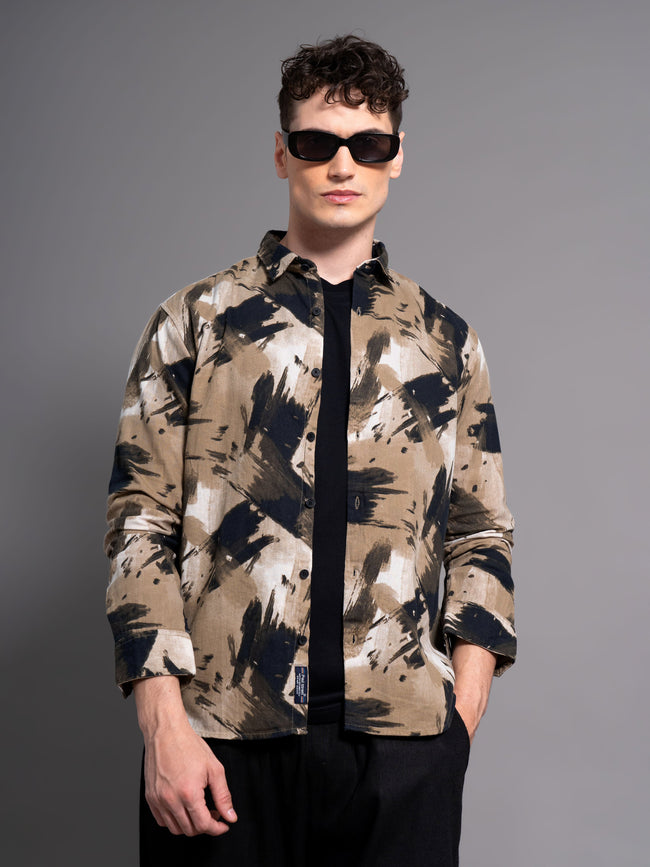 Men Clash Brown Abstract Shirt
