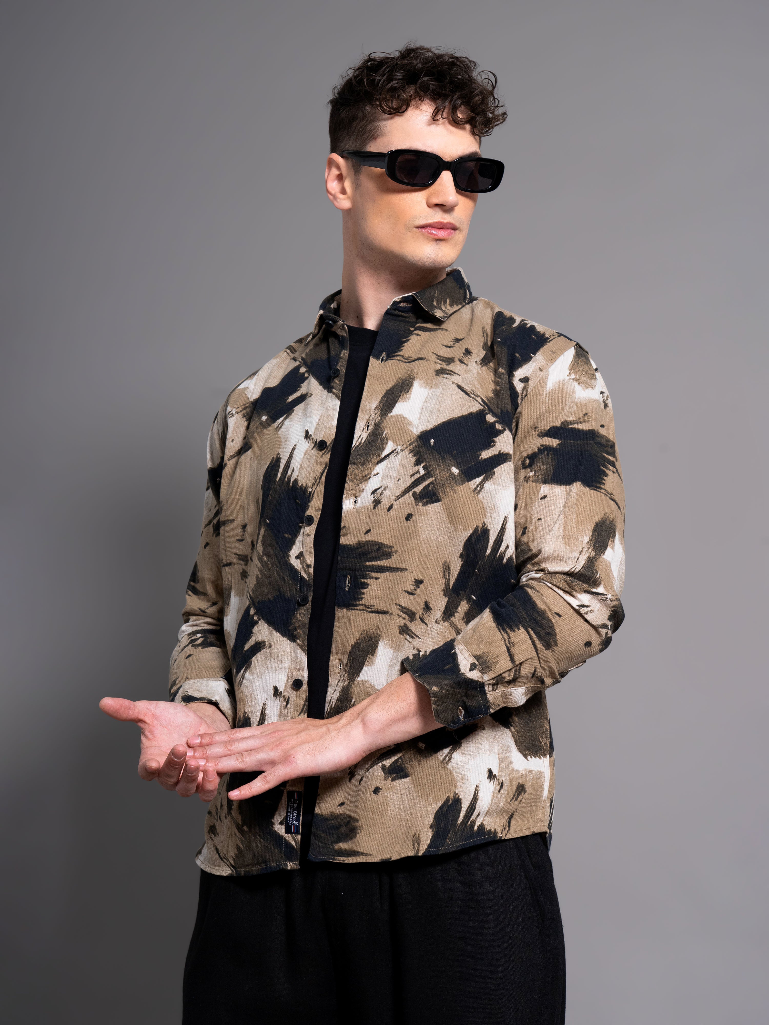 Men Clash Brown Abstract Shirt