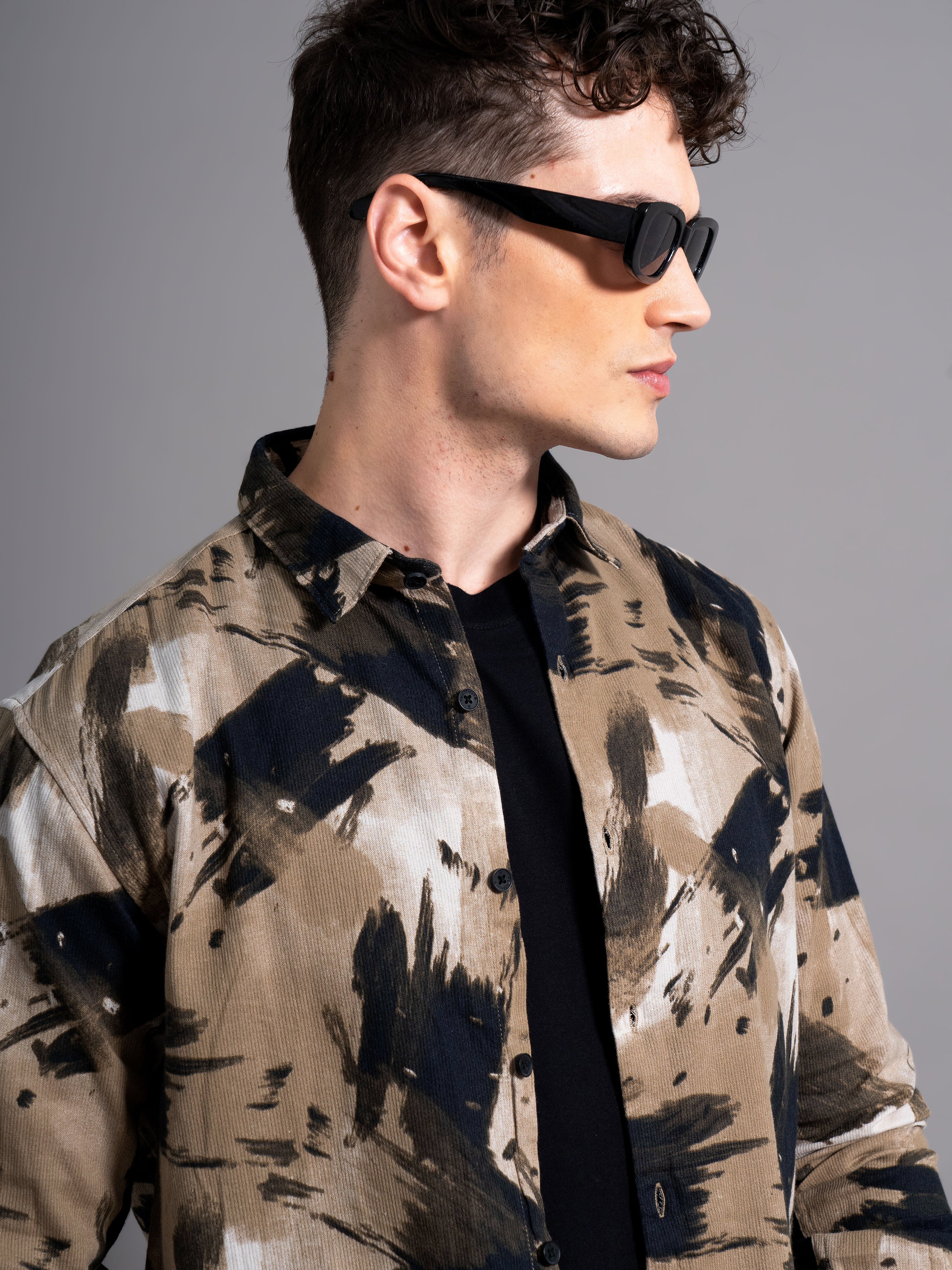 Men Clash Brown Abstract Shirt
