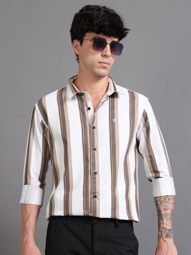 Men Latte Beige Striped Shirt