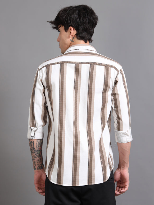 Men Latte Beige Striped Shirt
