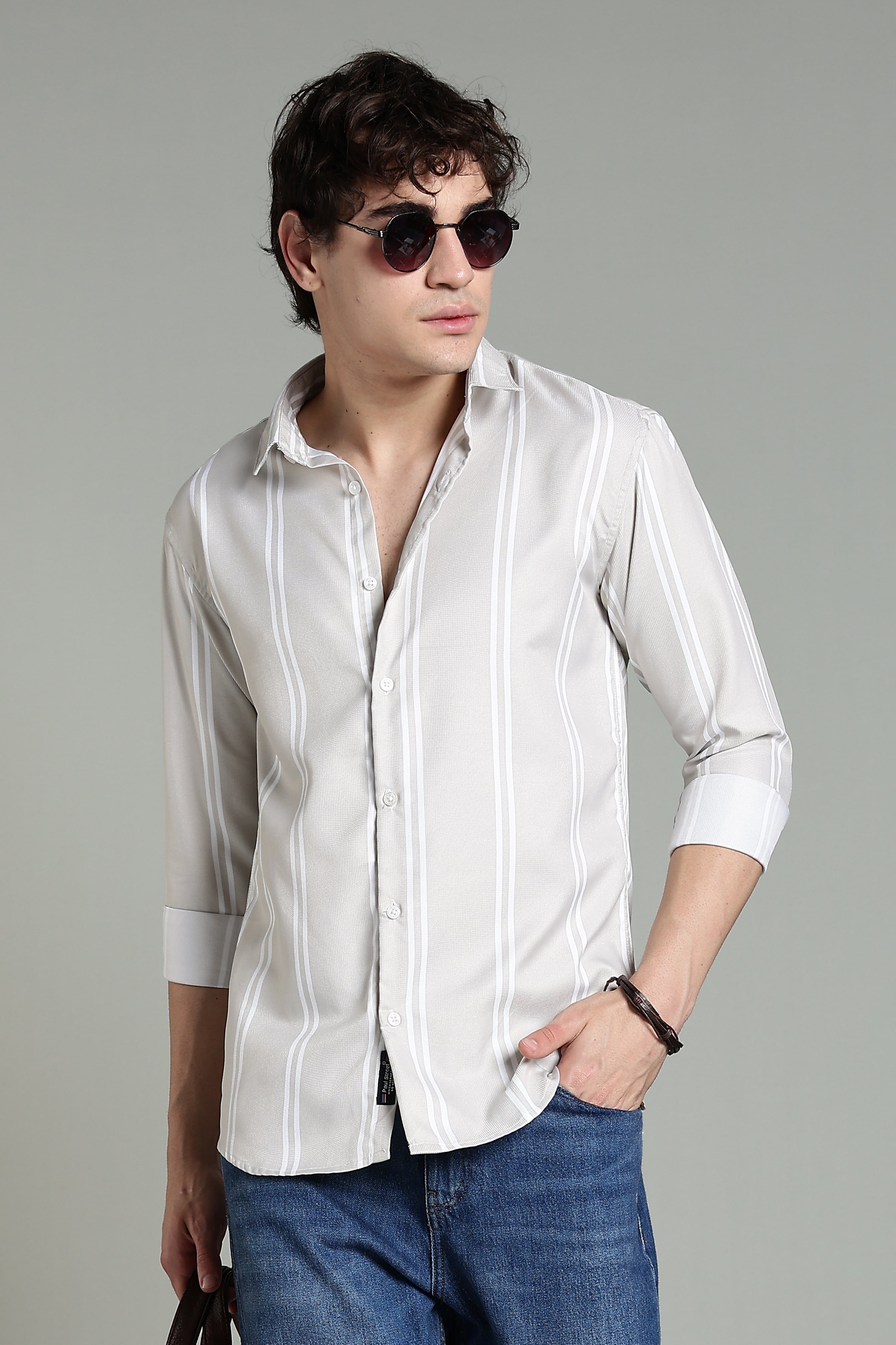 Men Stran Beige Striped Shirt
