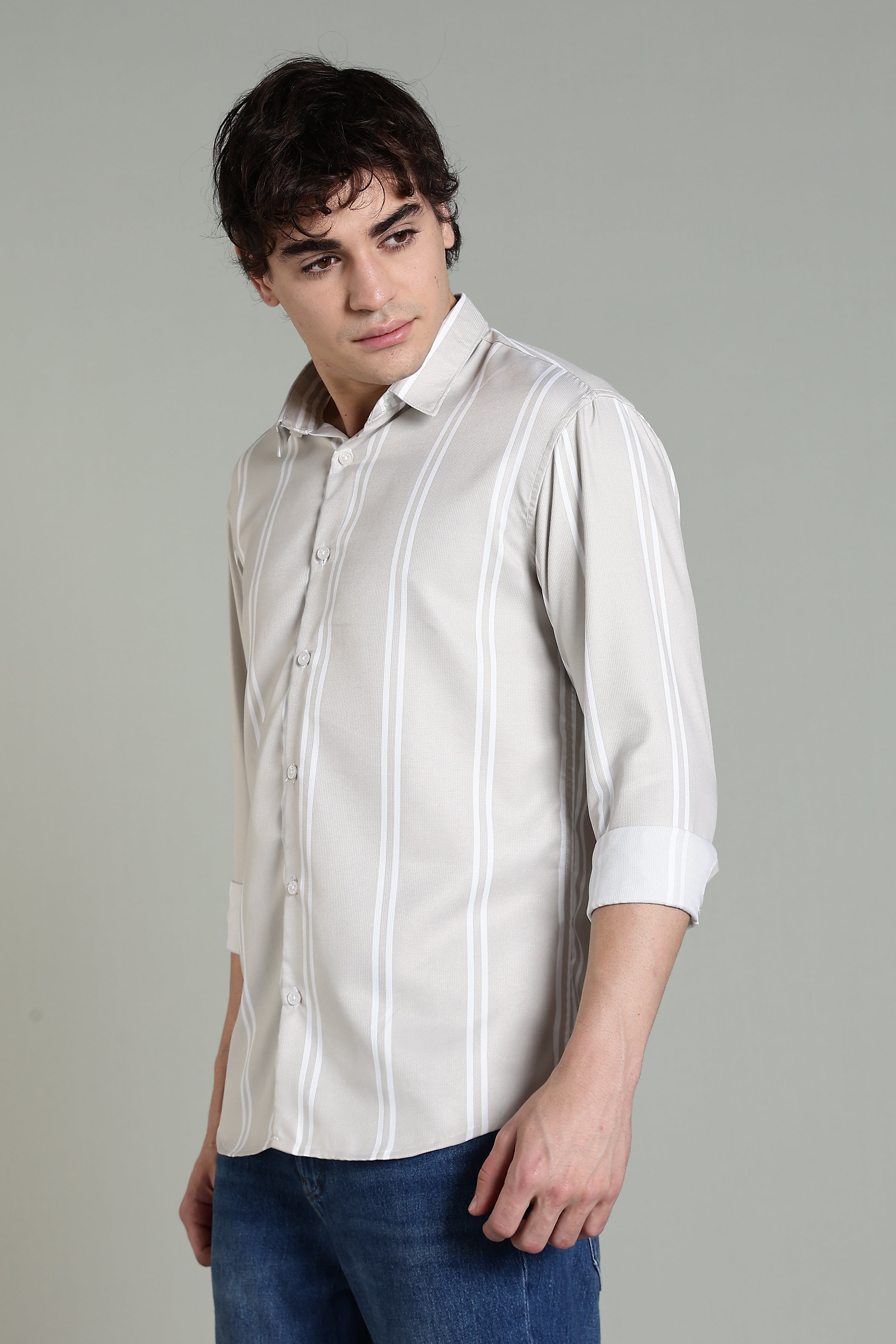 Men Stran Beige Striped Shirt