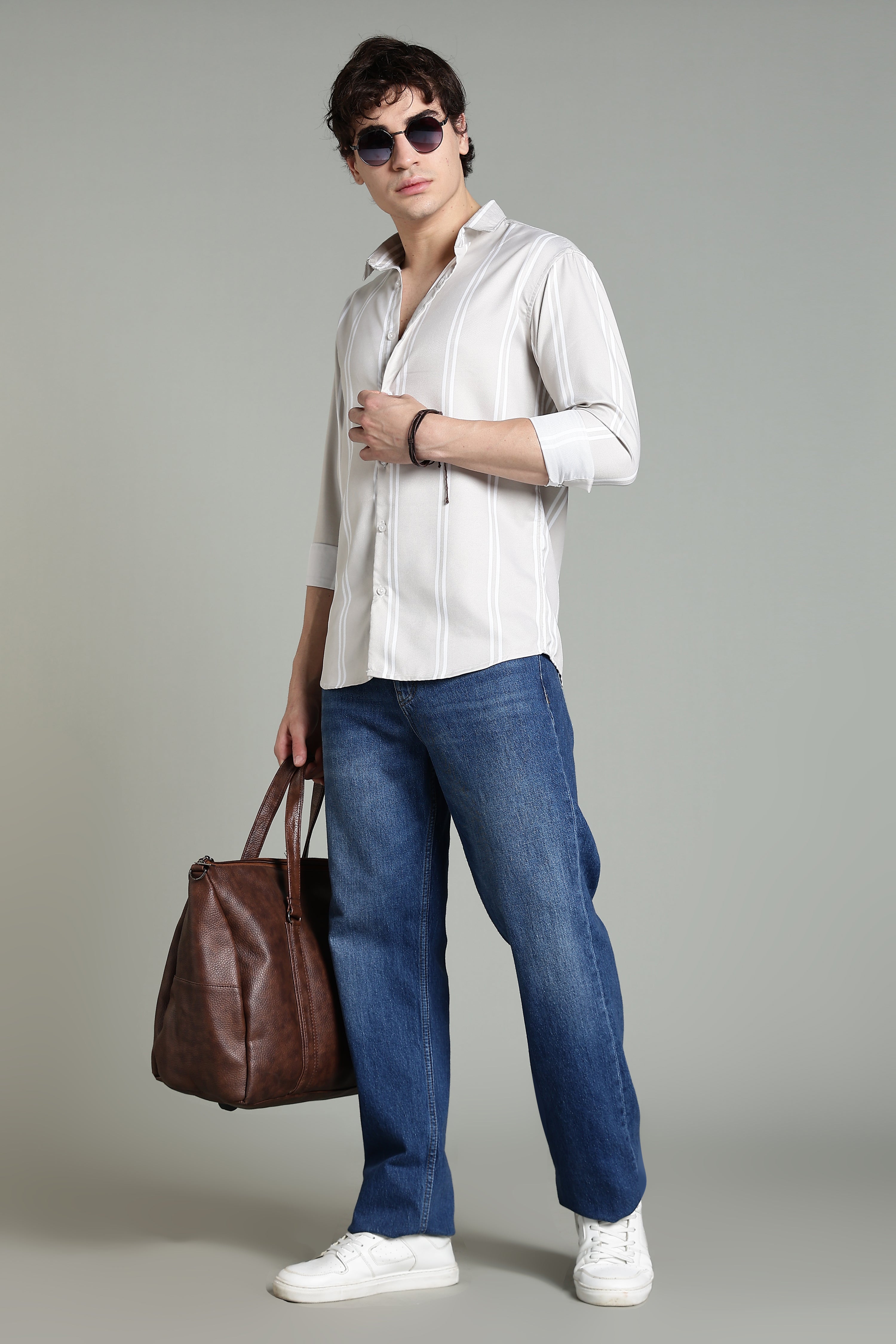 Men Stran Beige Striped Shirt