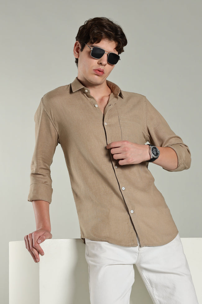 Men Star Linen Brown Solid Shirt
