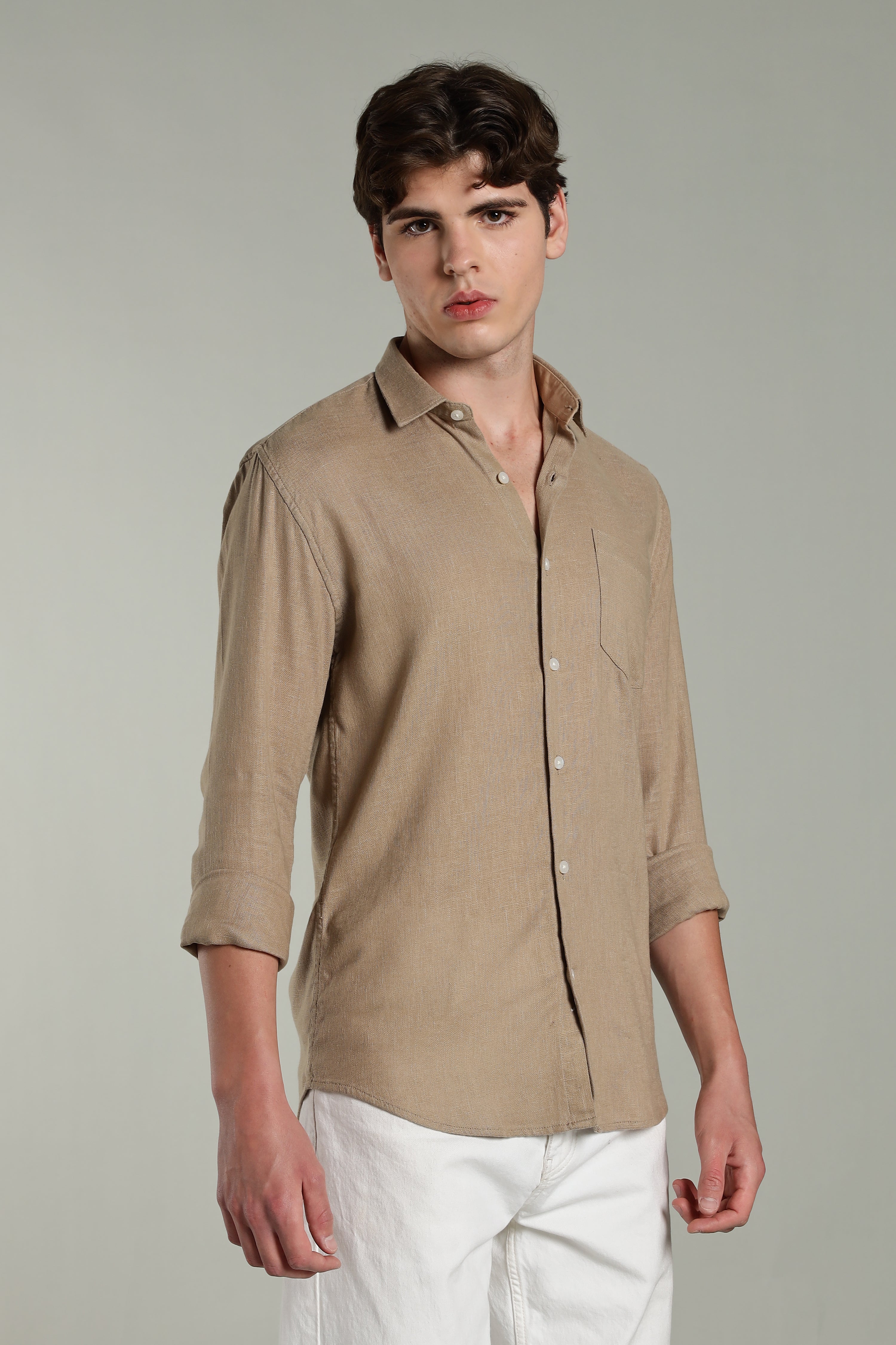 Men Star Linen Brown Solid Shirt