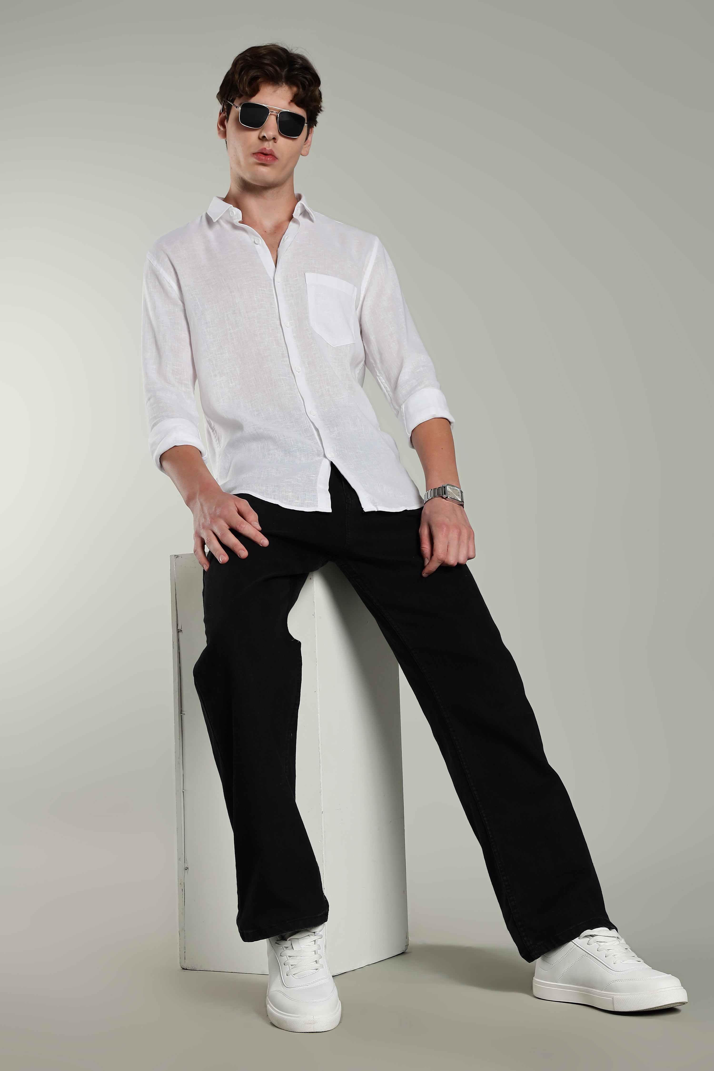 Men Linen Pin Striped Beige Shirt