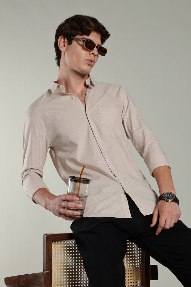 Men Linen Pin Striped Beige Shirt
