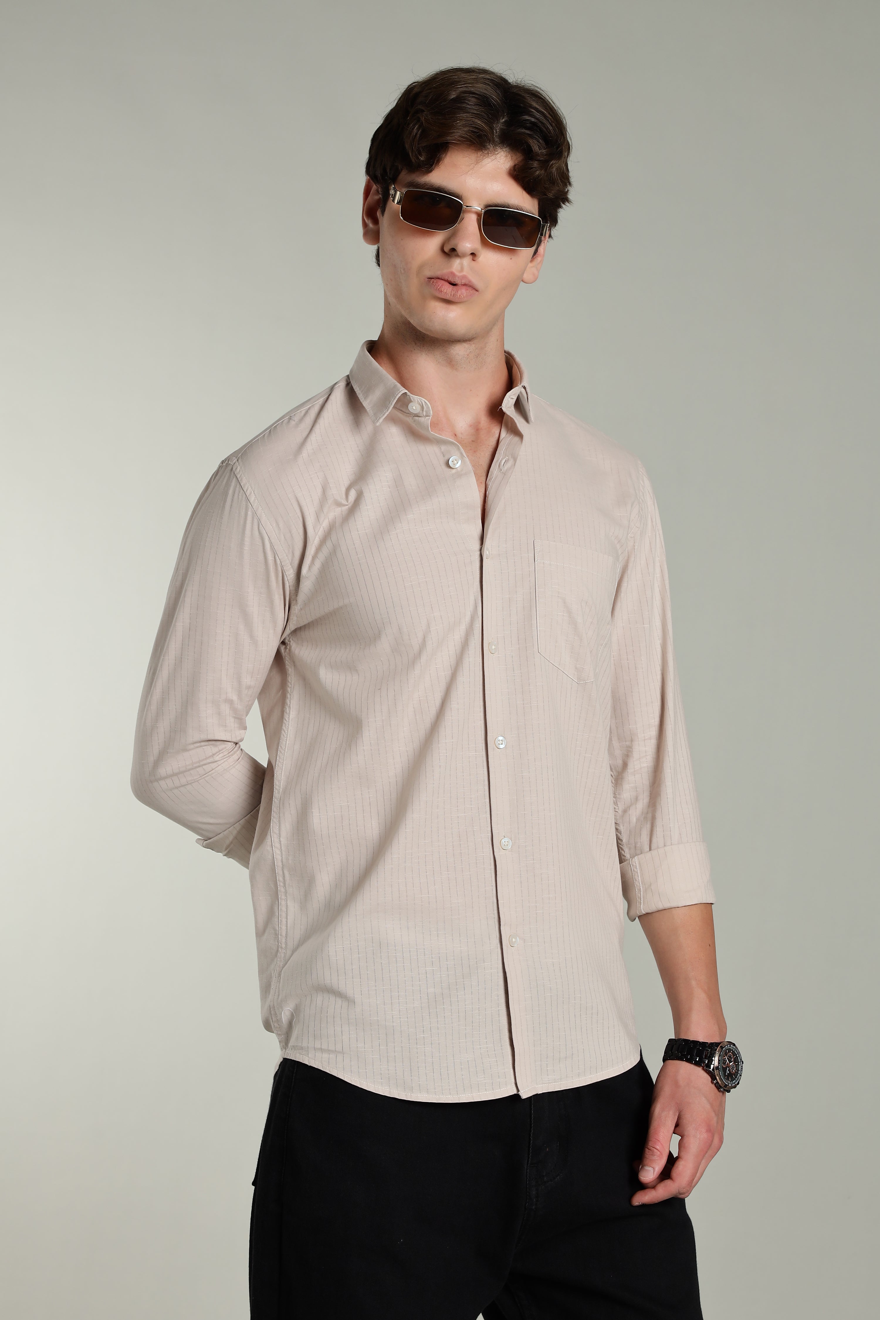 Men Linen Pin Striped Beige Shirt