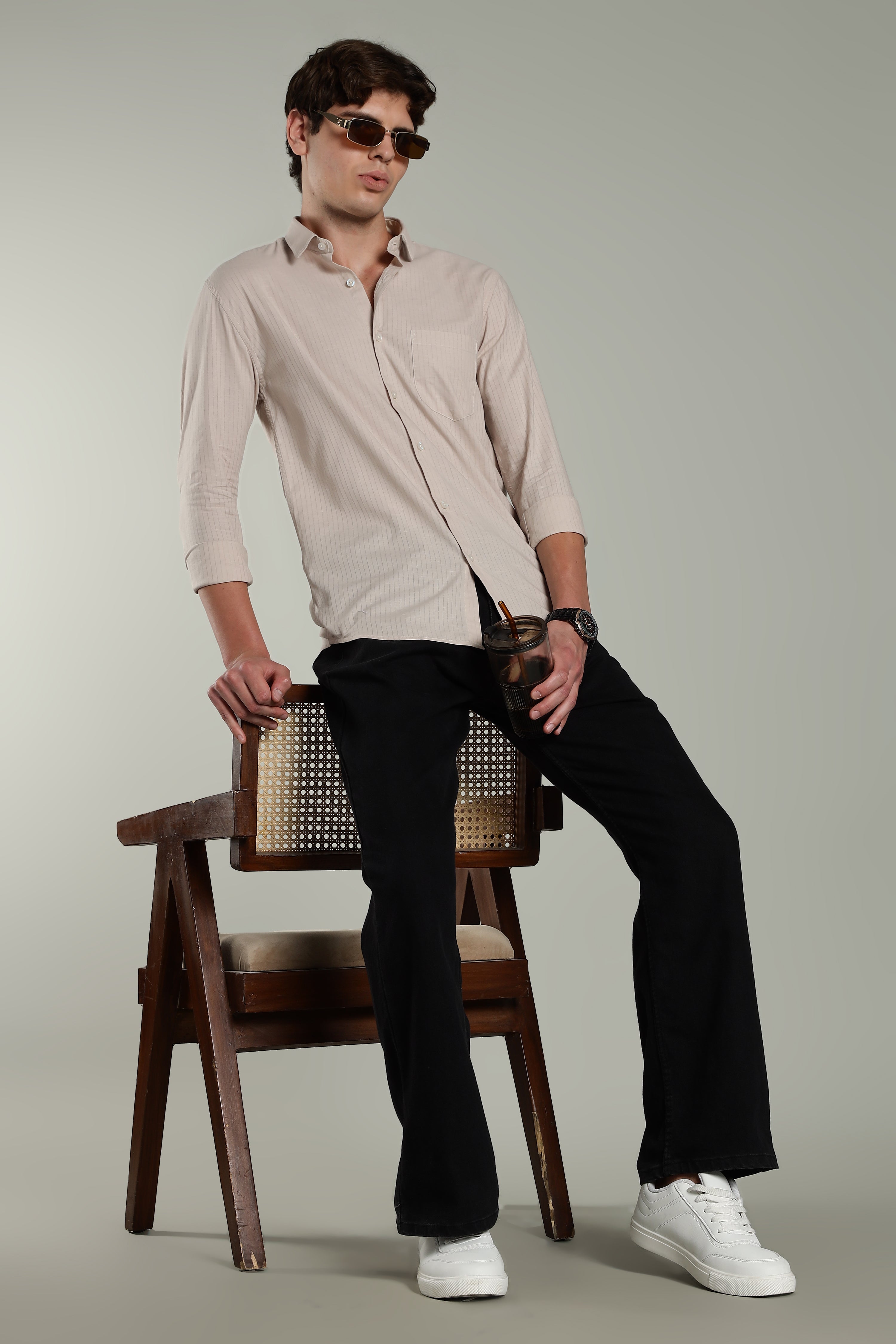 Men Linen Pin Striped Beige Shirt