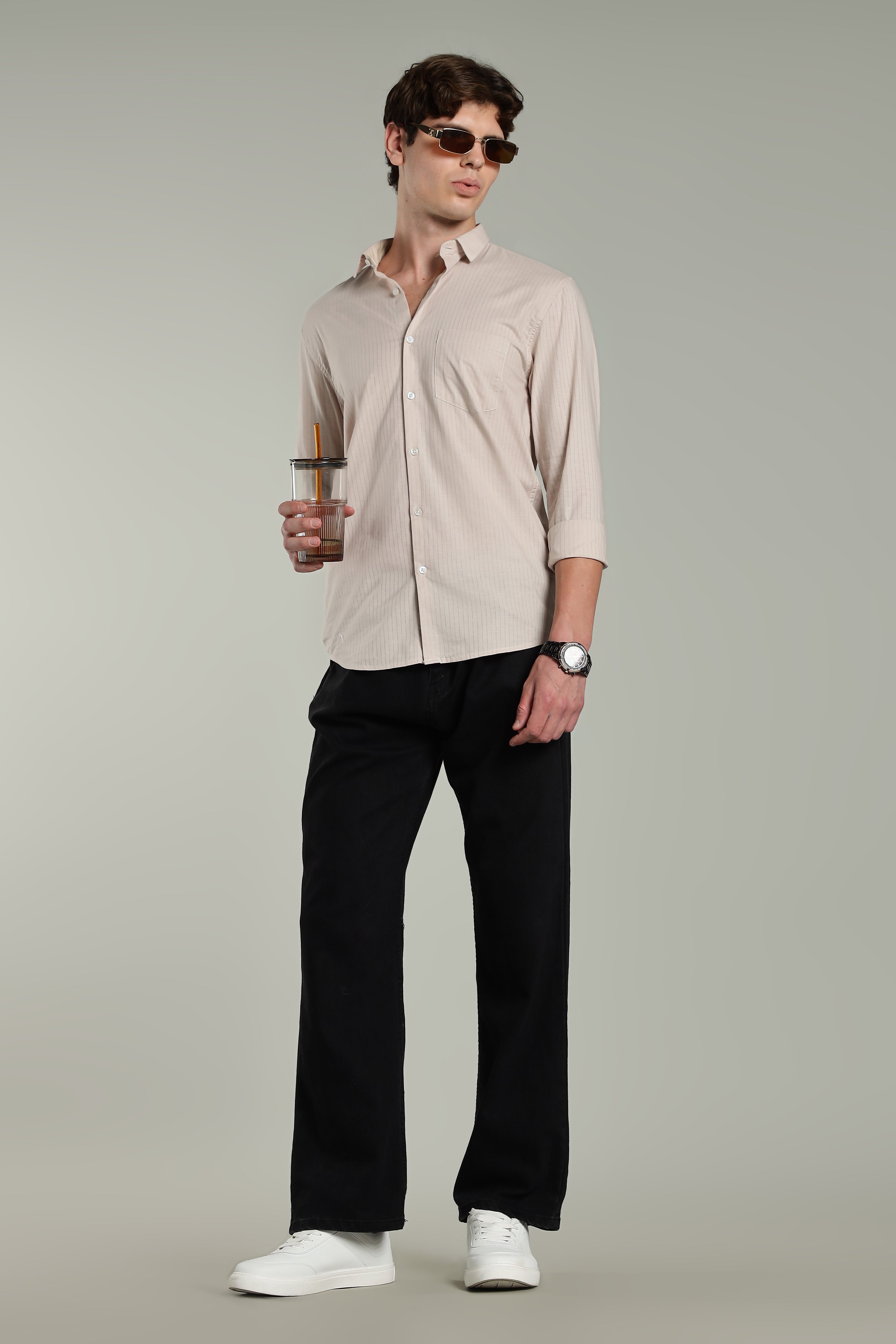 Men Linen Pin Striped Beige Shirt