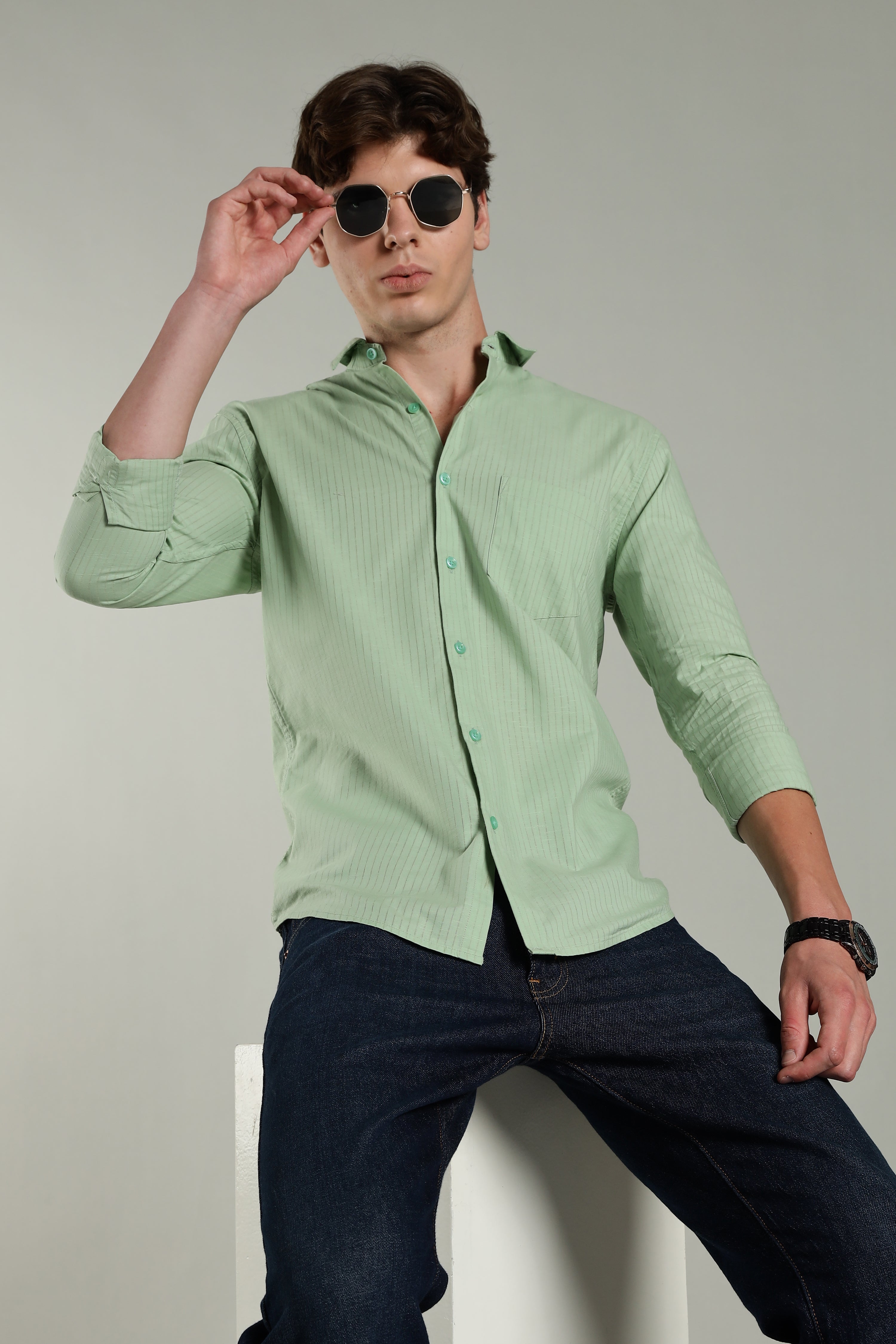 Men Linen Pin Striped Green Shirt