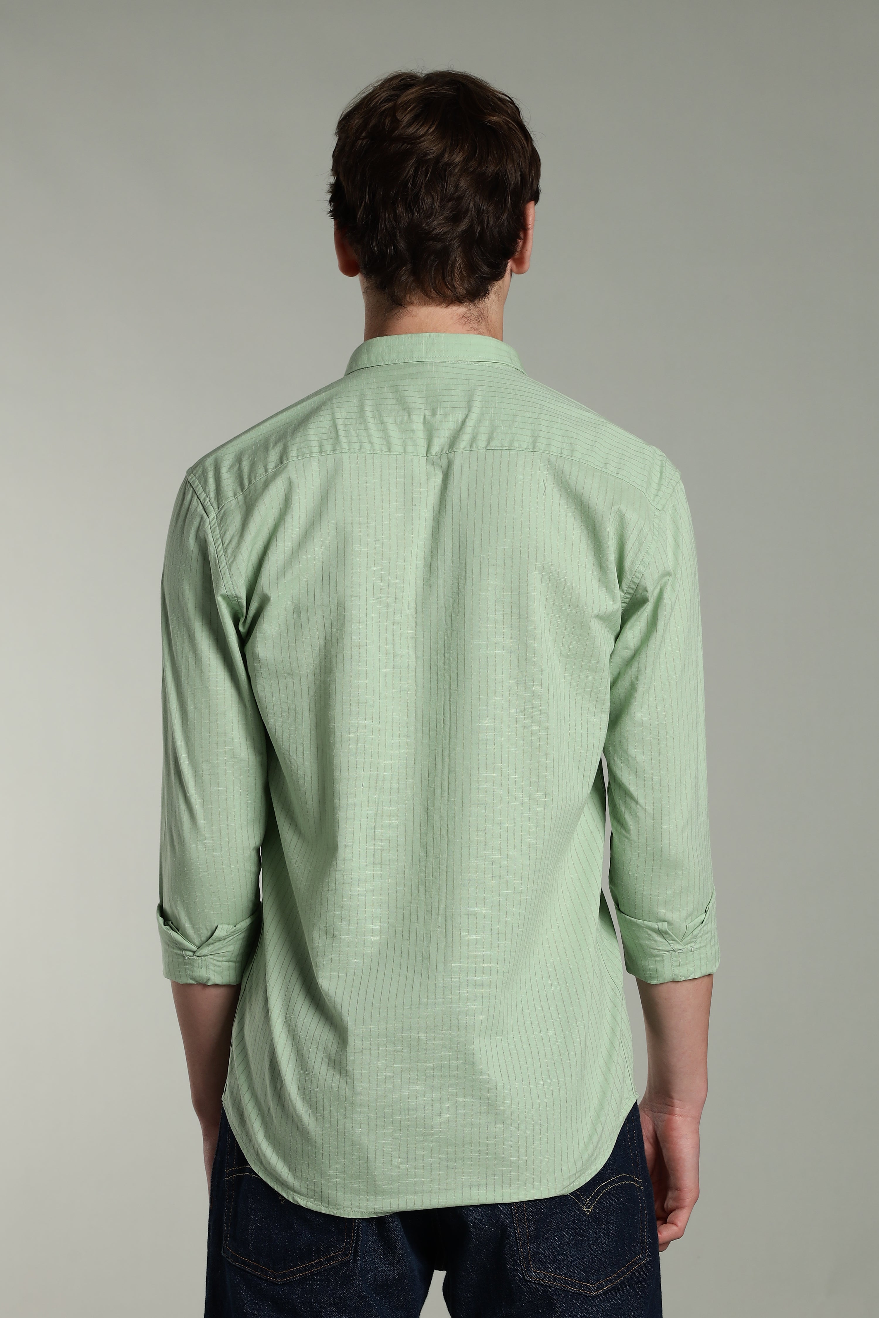 Men Linen Pin Striped Green Shirt