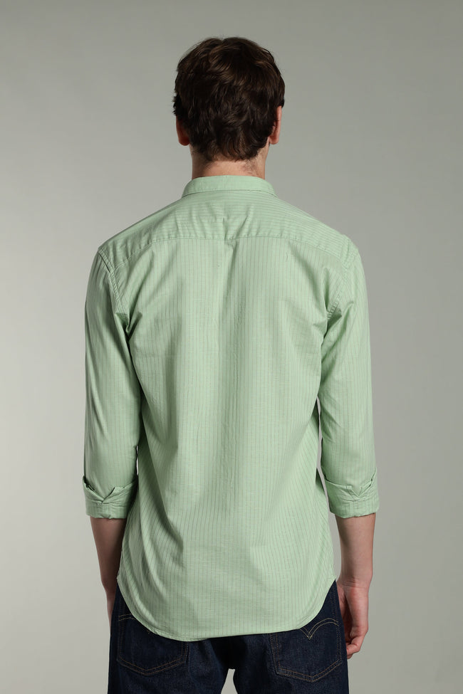 Men Linen Pin Striped Green Shirt