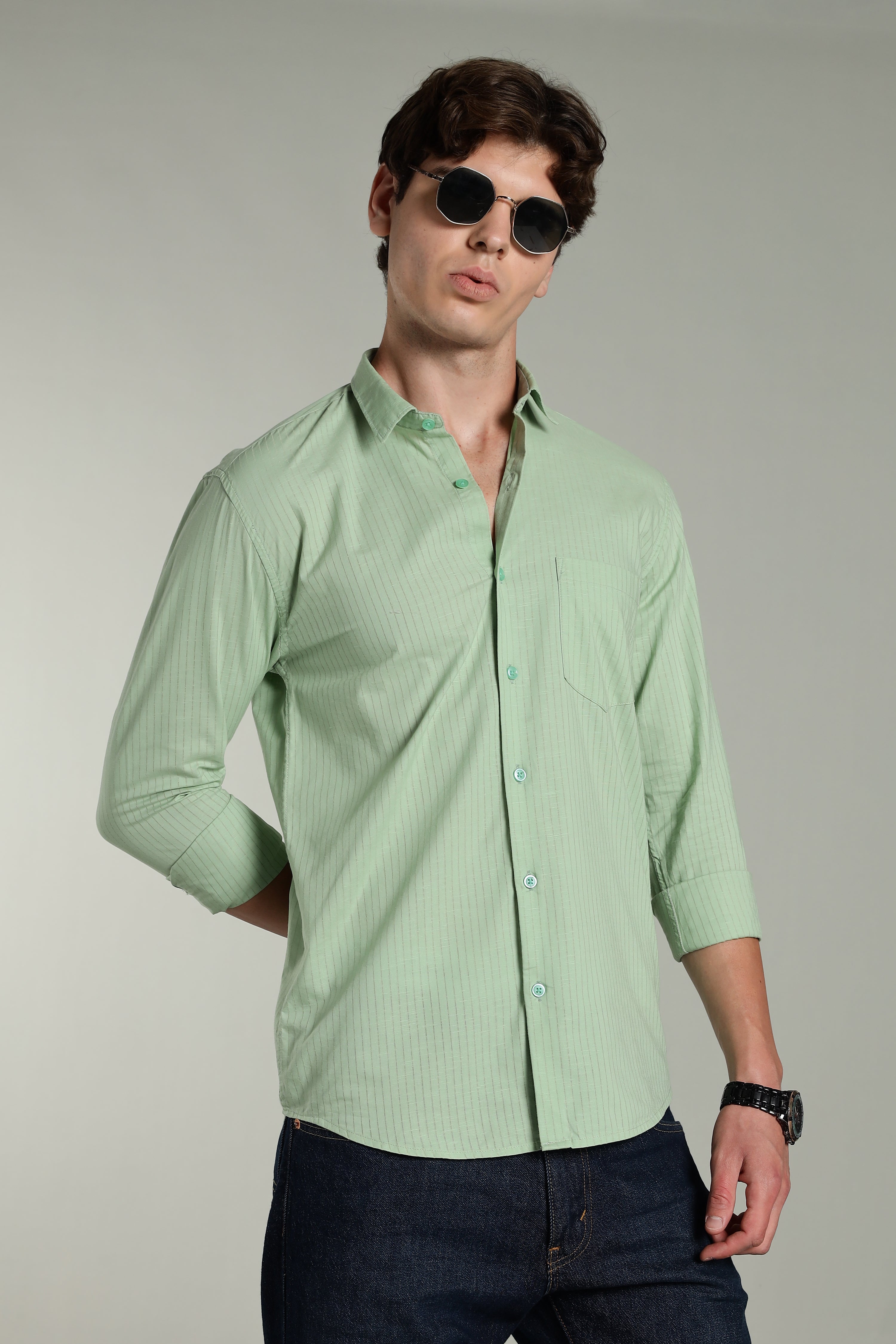 Men Linen Pin Striped Green Shirt