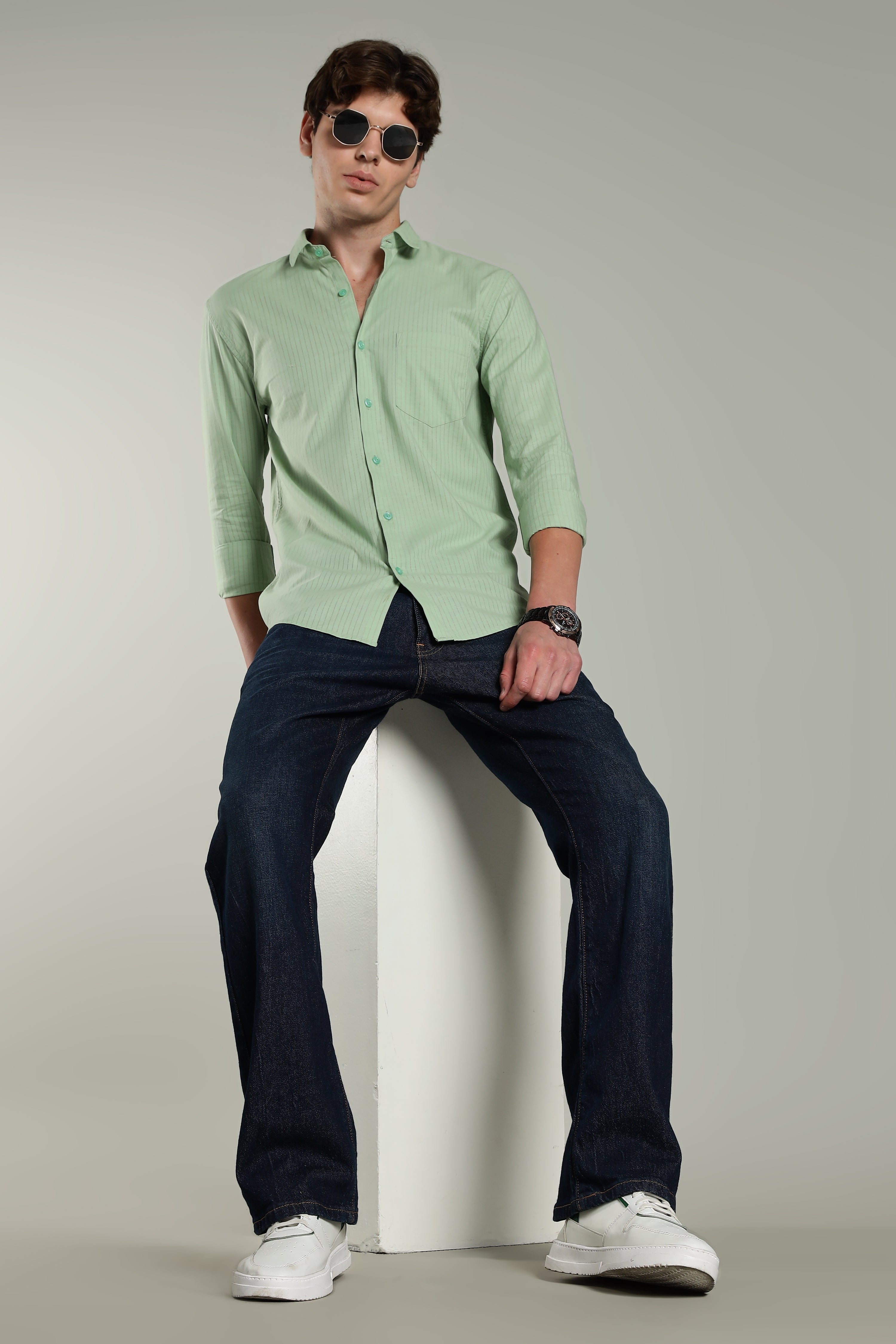 Men Linen Pin Striped Grey Shirt