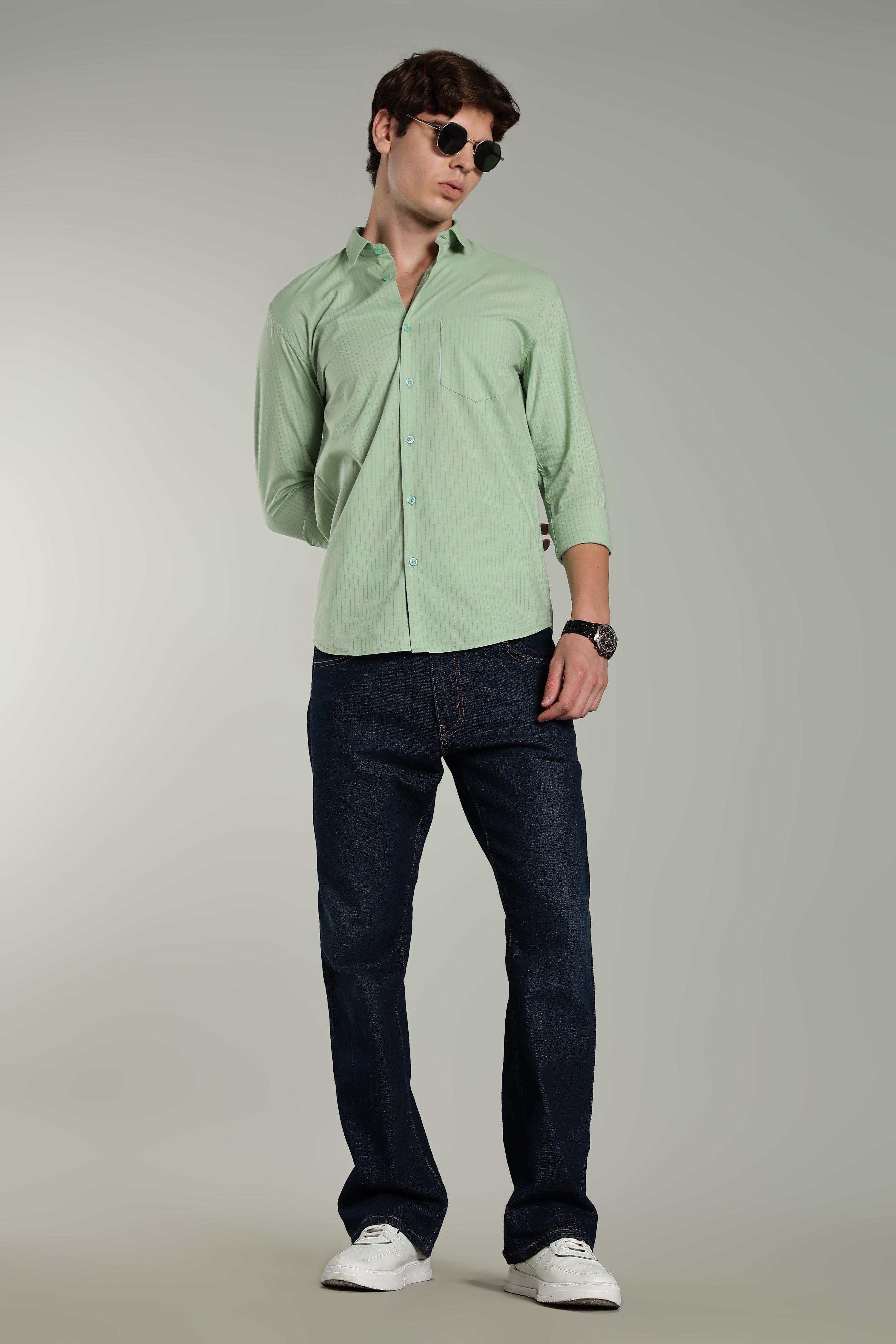 Men Linen Pin Striped Green Shirt