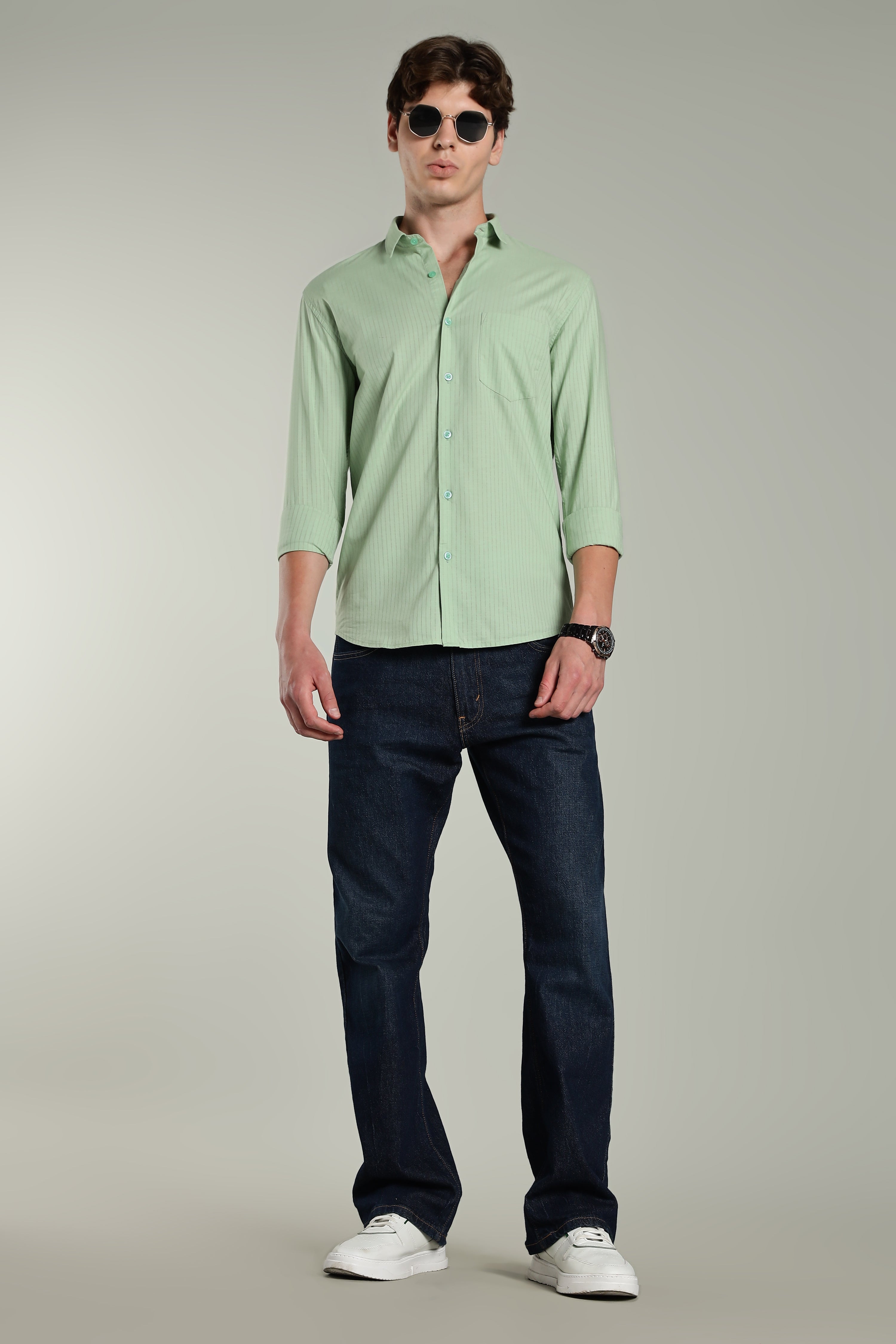 Men Linen Pin Striped Green Shirt