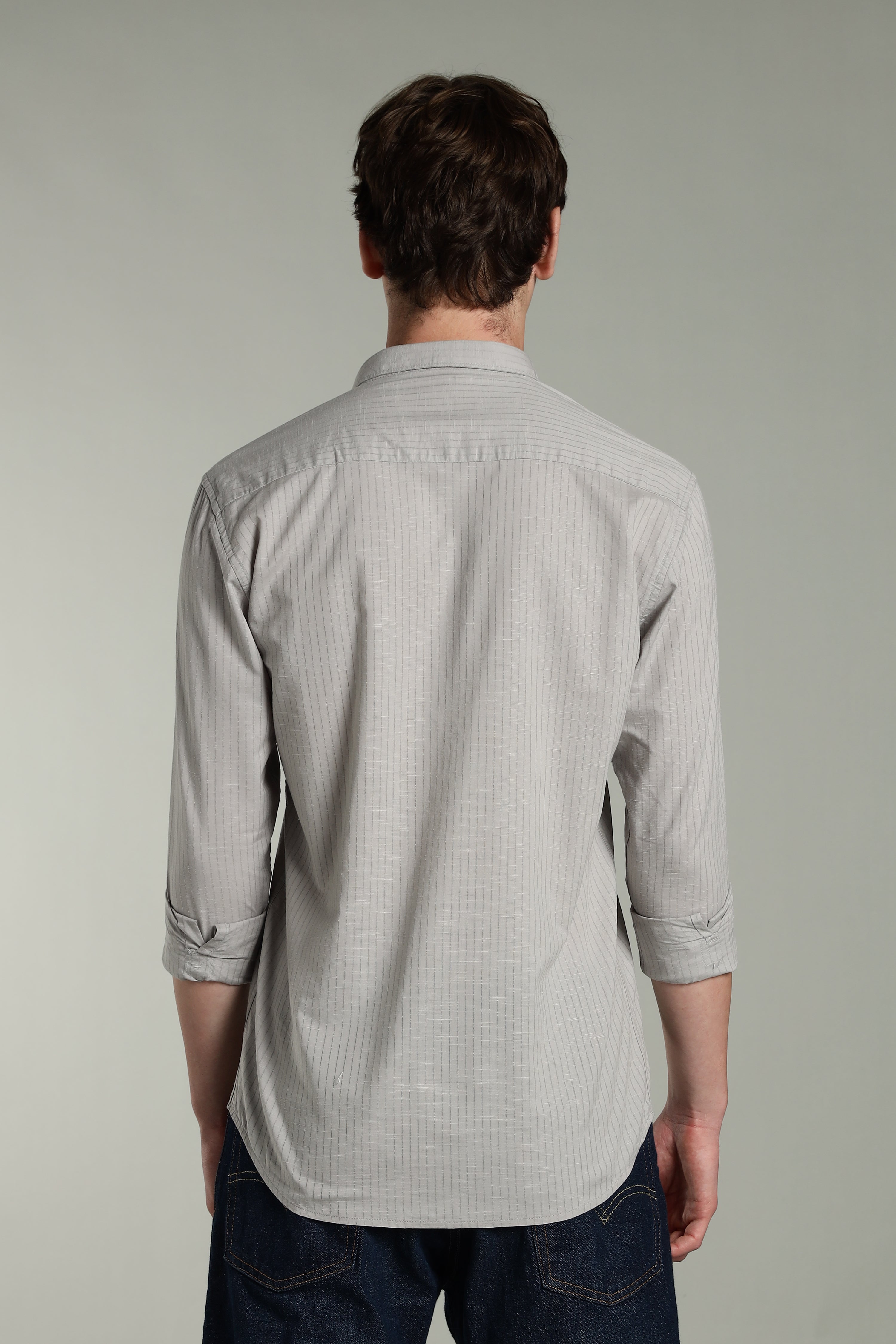 Men Linen Pin Striped Grey Shirt