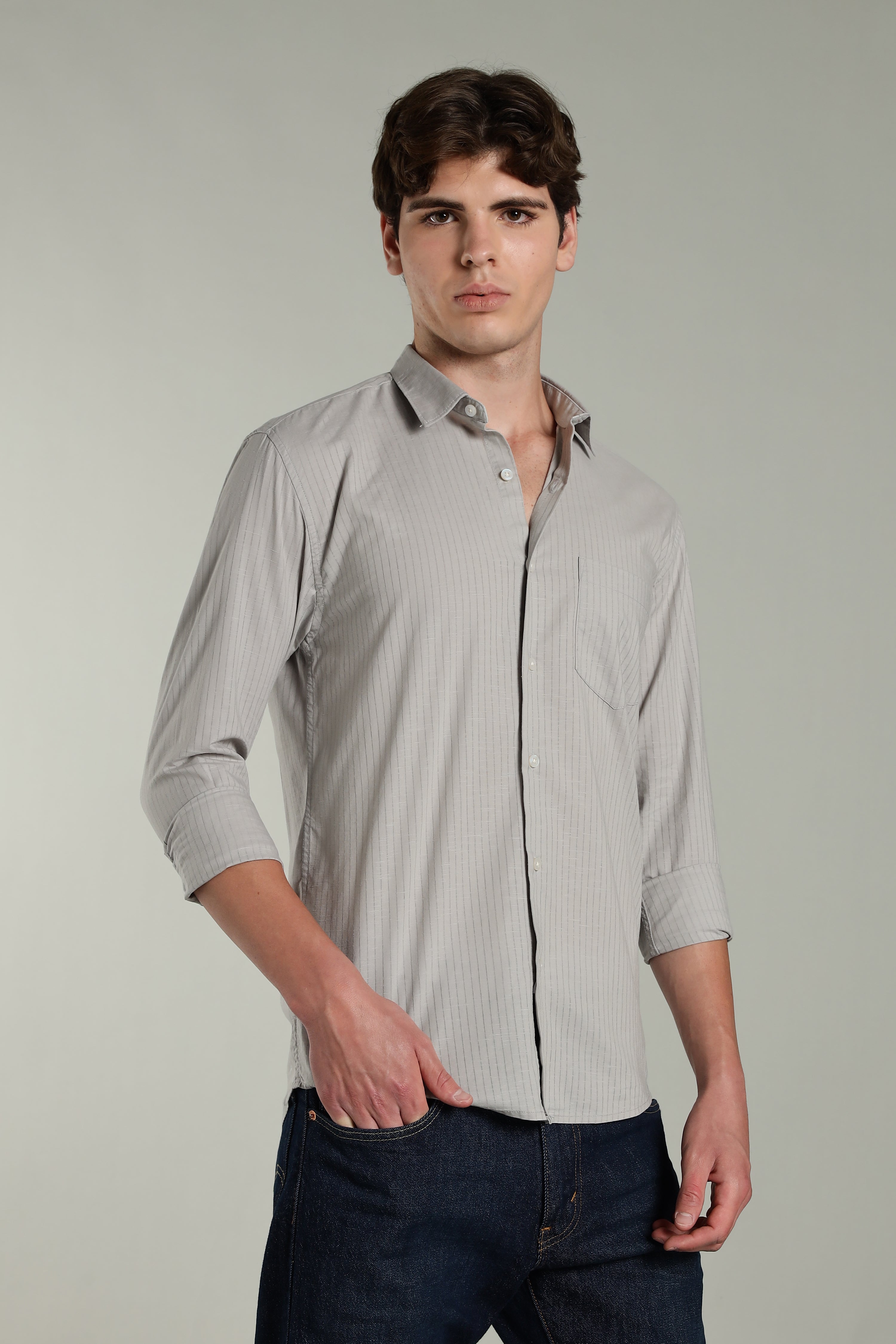 Men Linen Pin Striped Grey Shirt