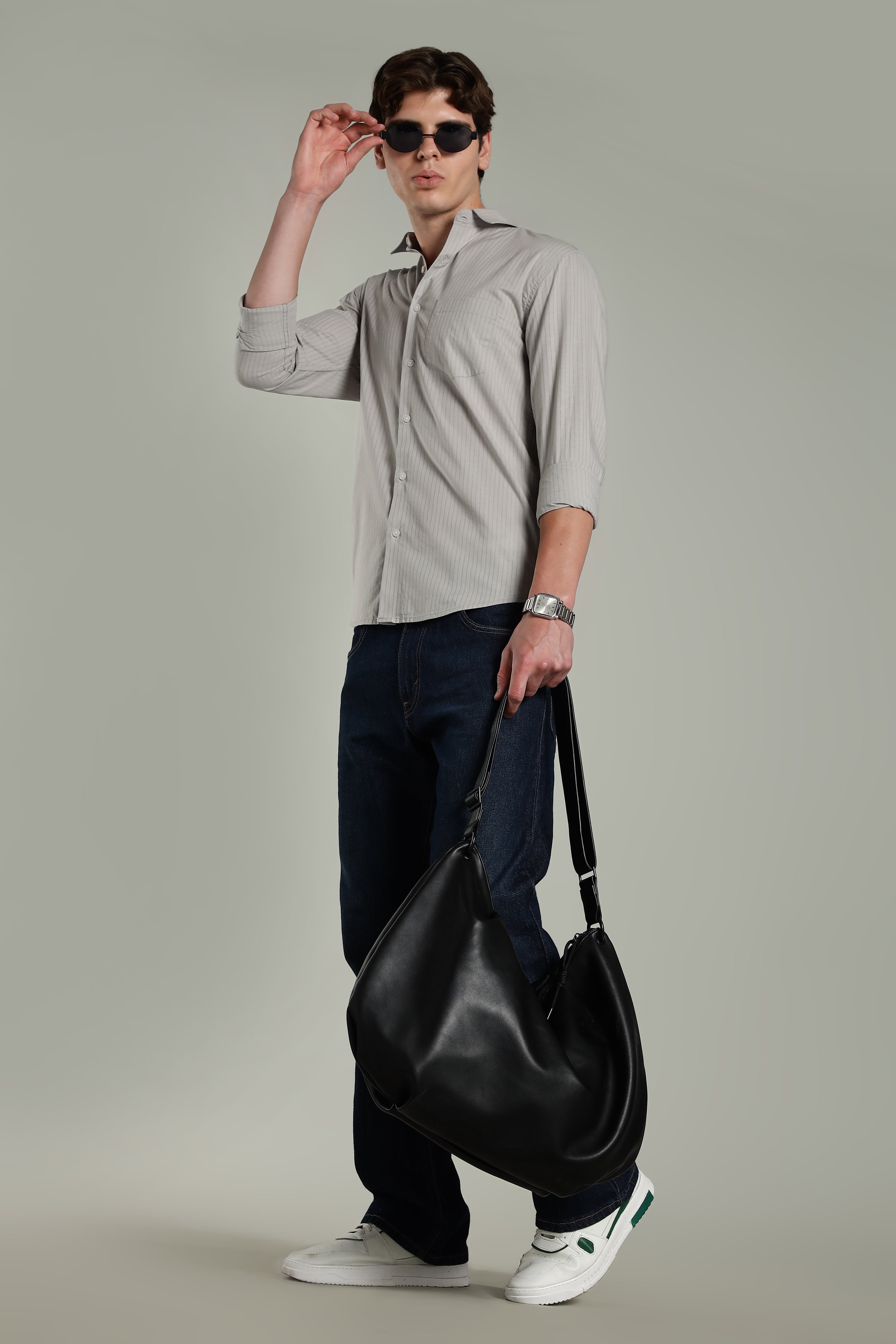 Men Linen Pin Striped Grey Shirt