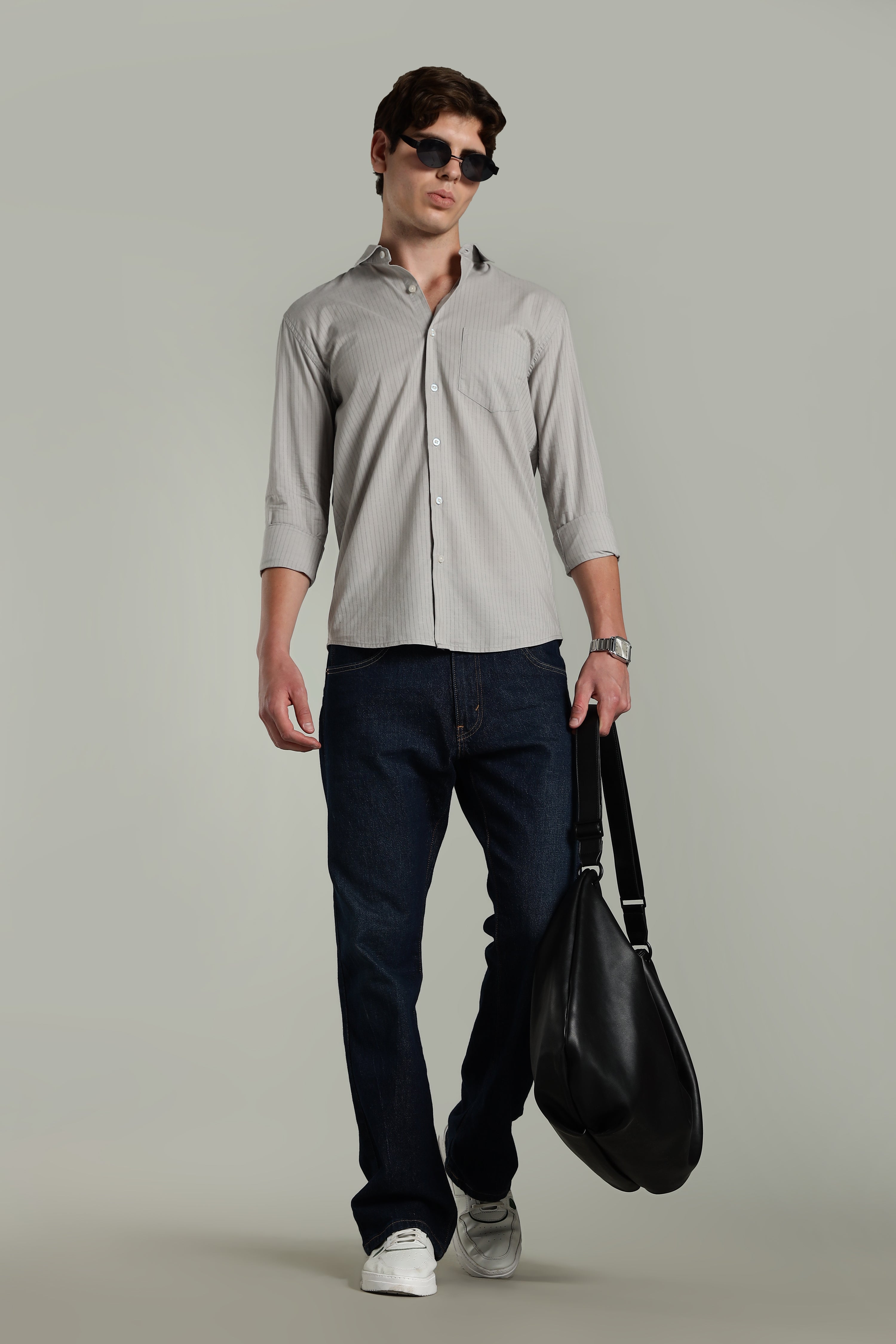 Men Linen Pin Striped Grey Shirt