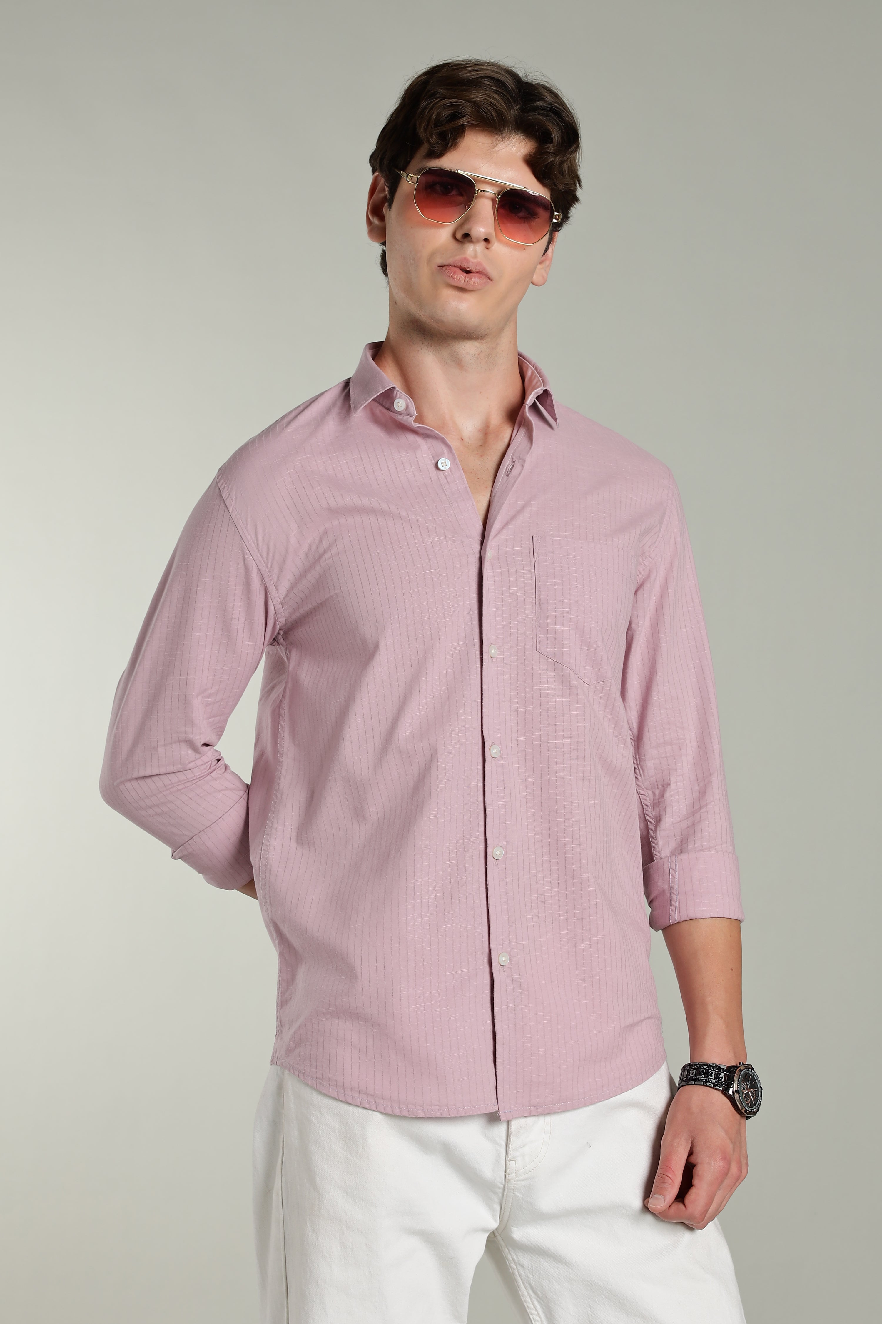 Men Linen Pin Striped Pink Shirt