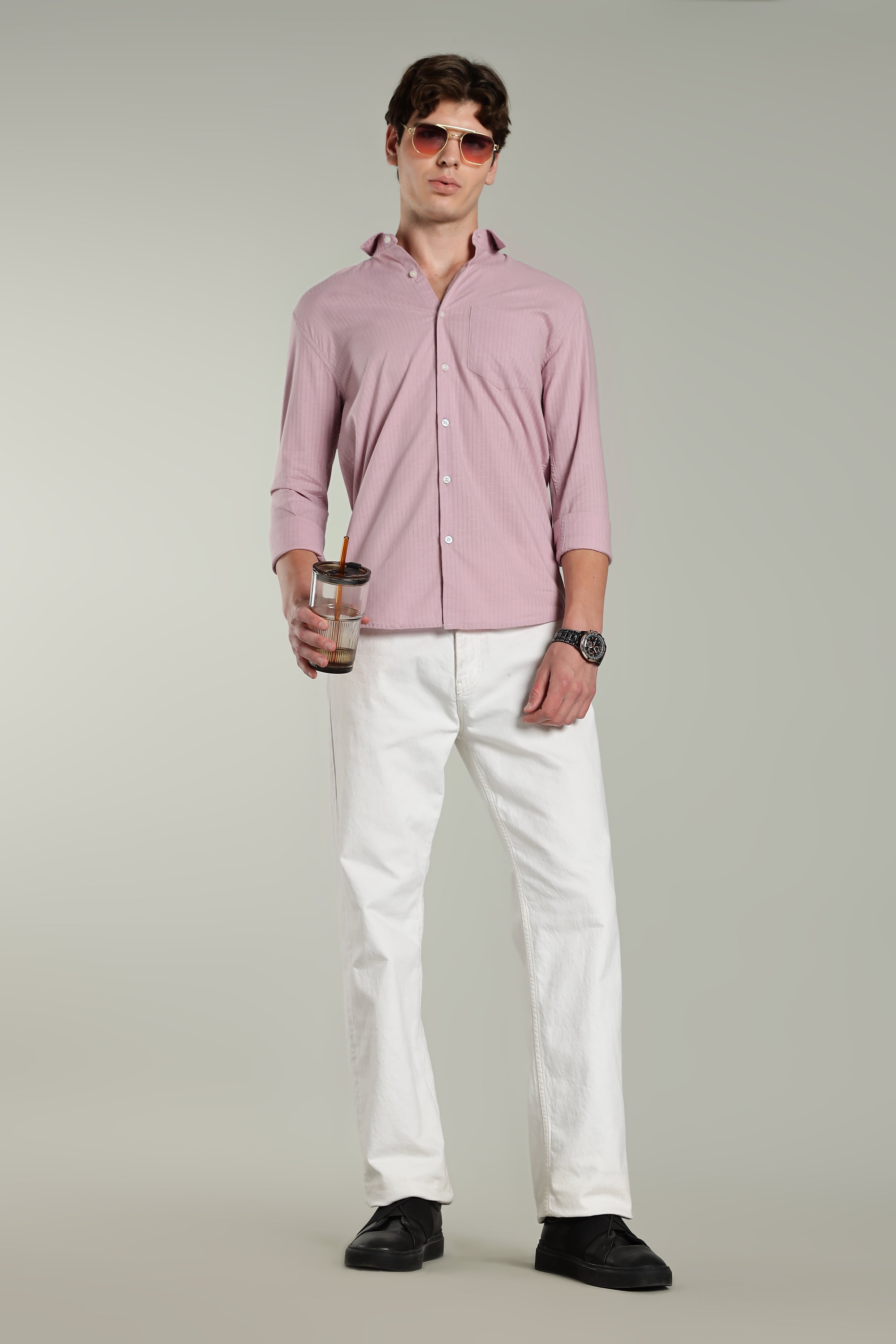 Men Linen Pin Striped Pink Shirt