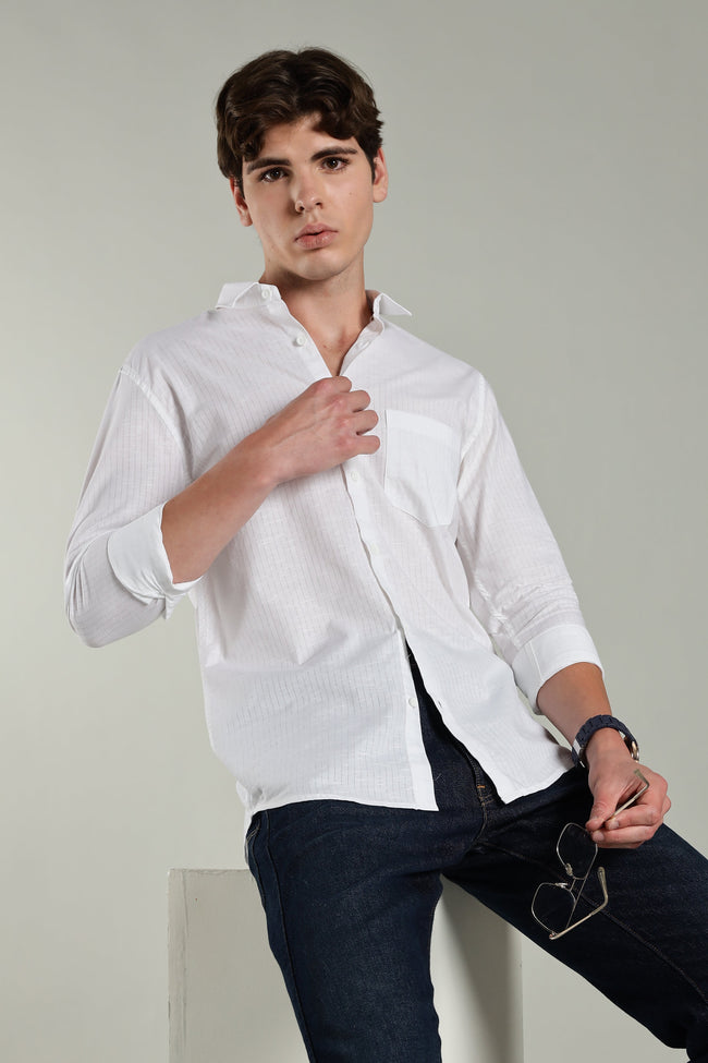 Men Linen Pin Striped White Shirt