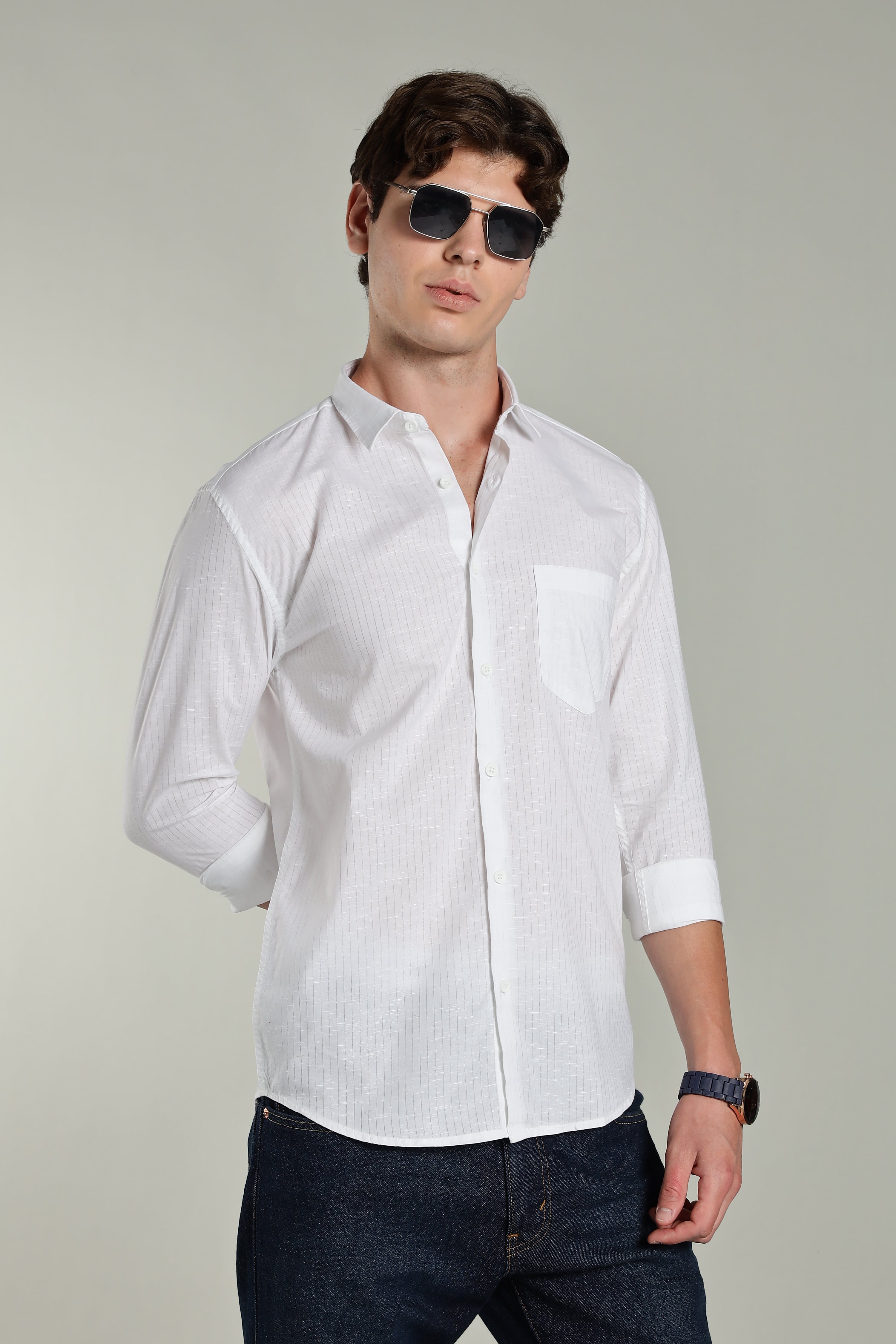 Men Linen Pin Striped White Shirt